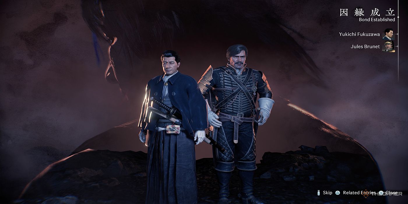 The studious Japanese samurai, Yukichi Fukuzawa, and the burly French swordsman, Jules Brunet, from Rise Of The Ronin.