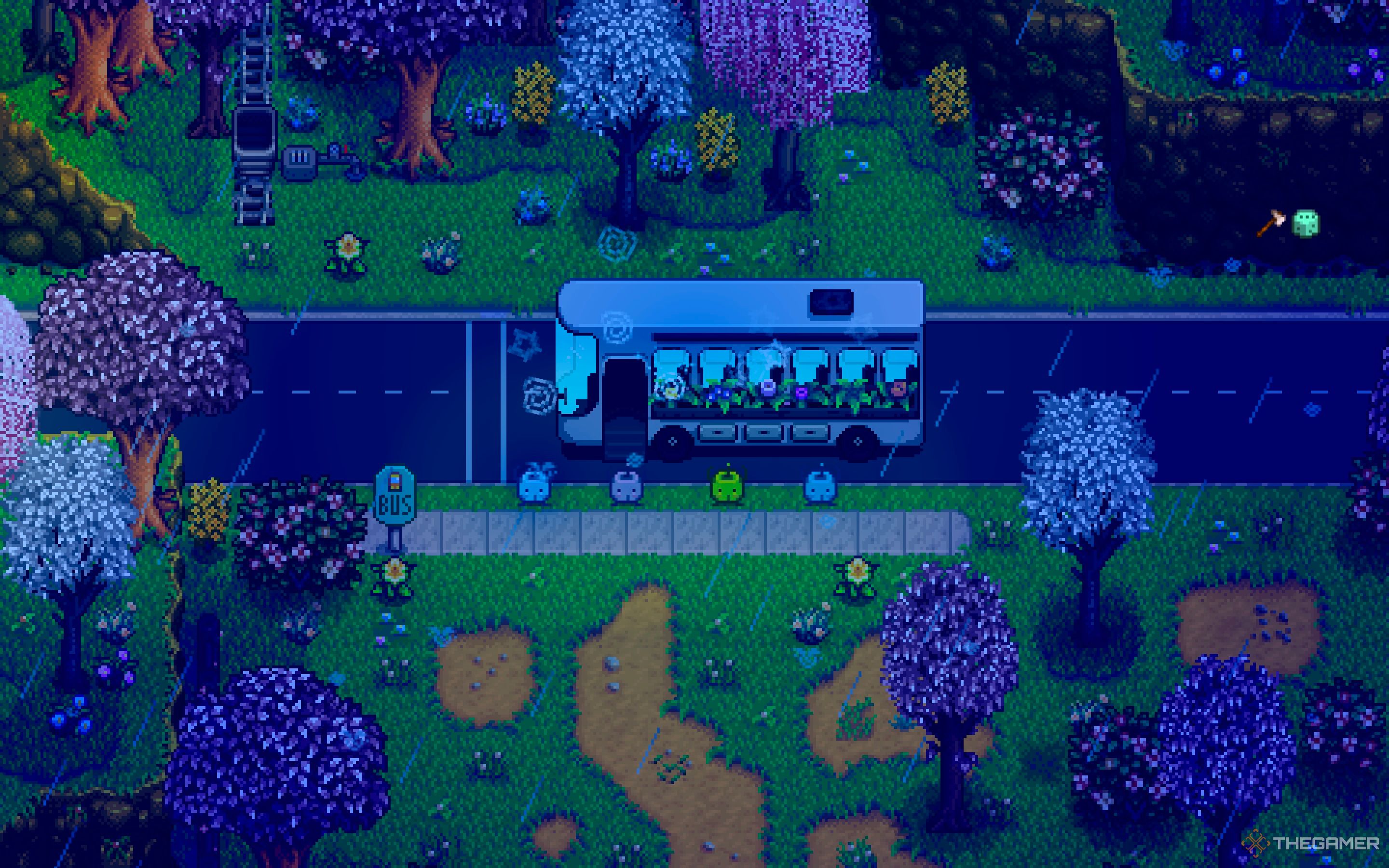 Junimos fixing up the Bus in the rain