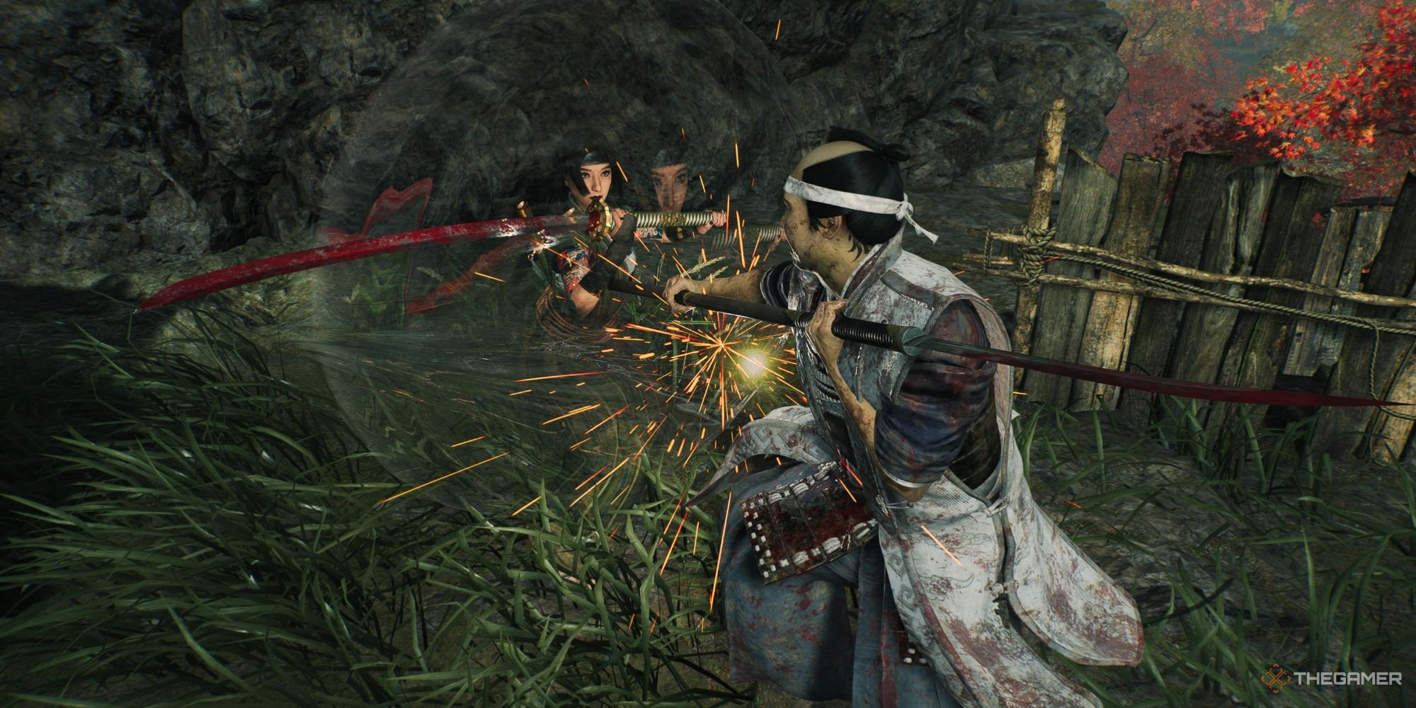 Custom Ronin blocking an attack in Rise of the Ronin