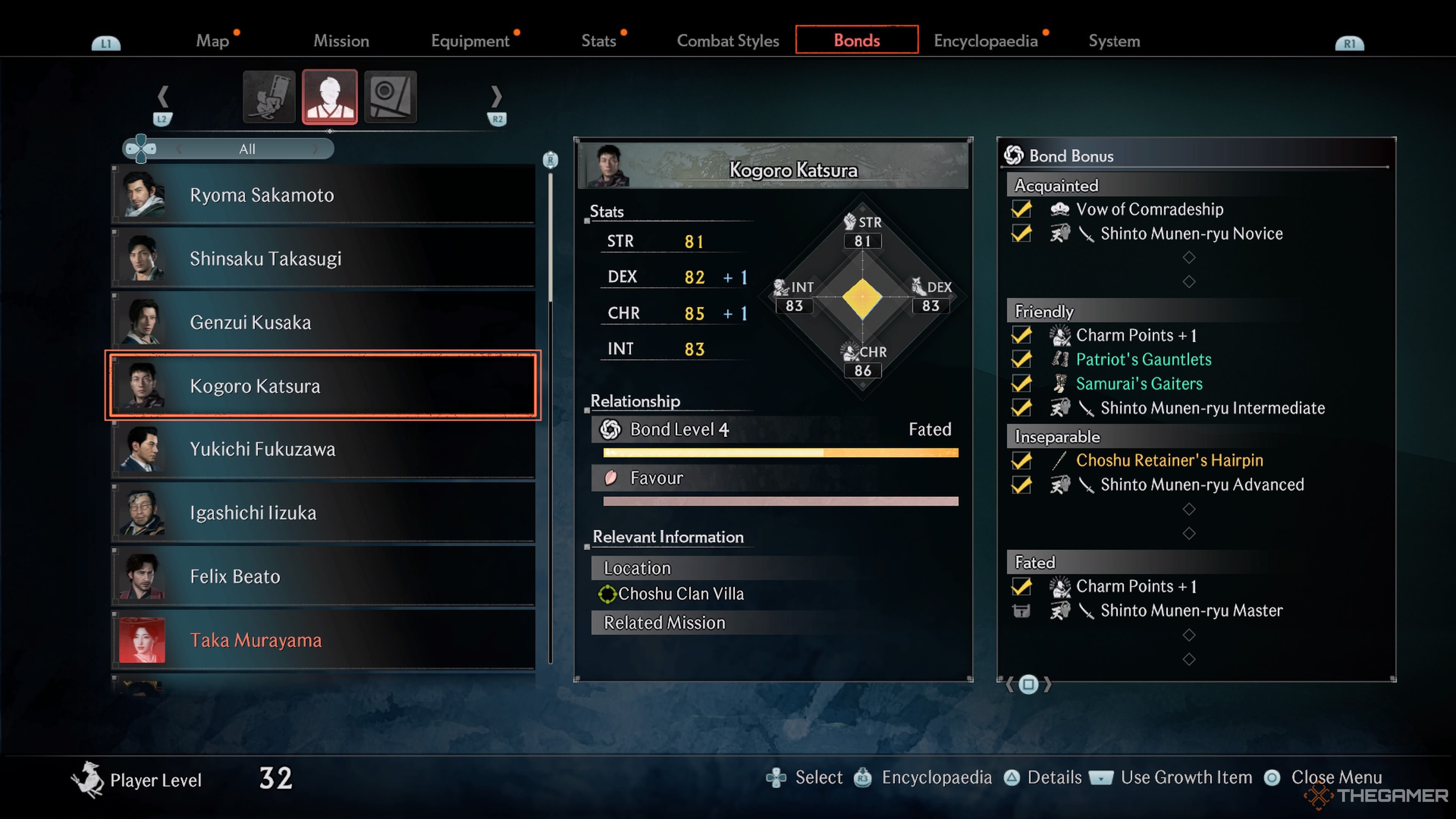 Kogoro Katsura's Bond Menu profile shows his stats, bond level, location, and bond bonuses in Rise Of The Ronin.