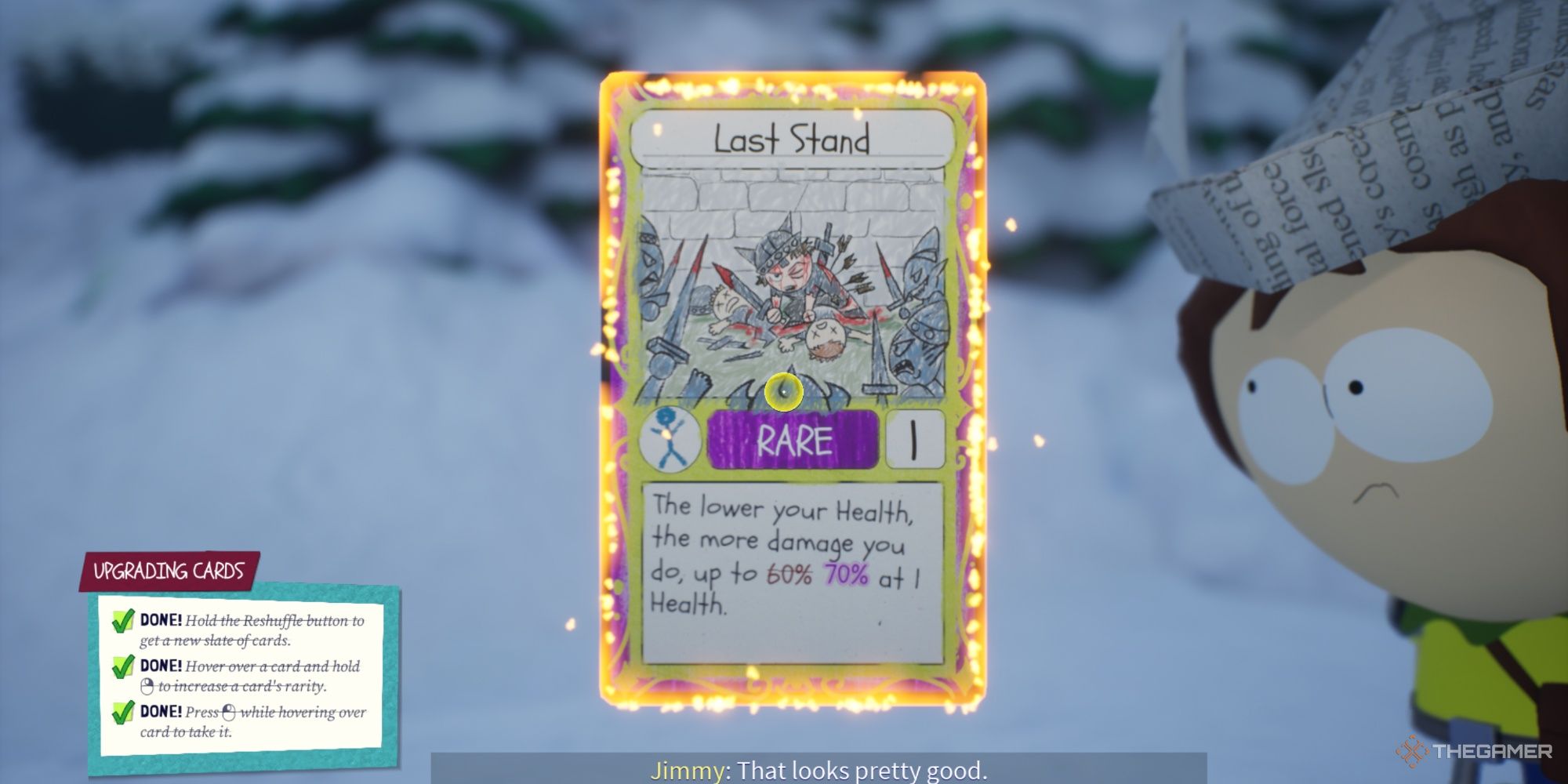 Close-up of Jimmy with the Last Stand Upgrade Card in the early tutorial part of the game.