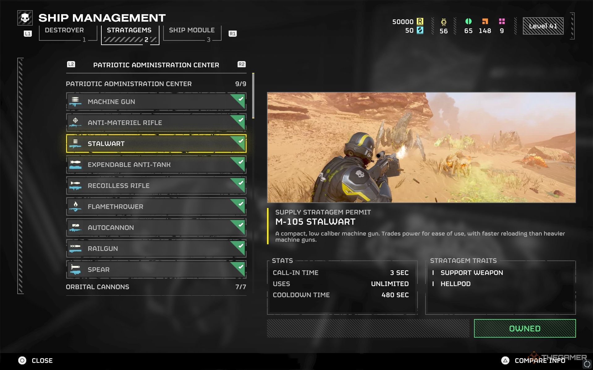 M-105 Stalwart weapon showcase screen in Helldivers 2