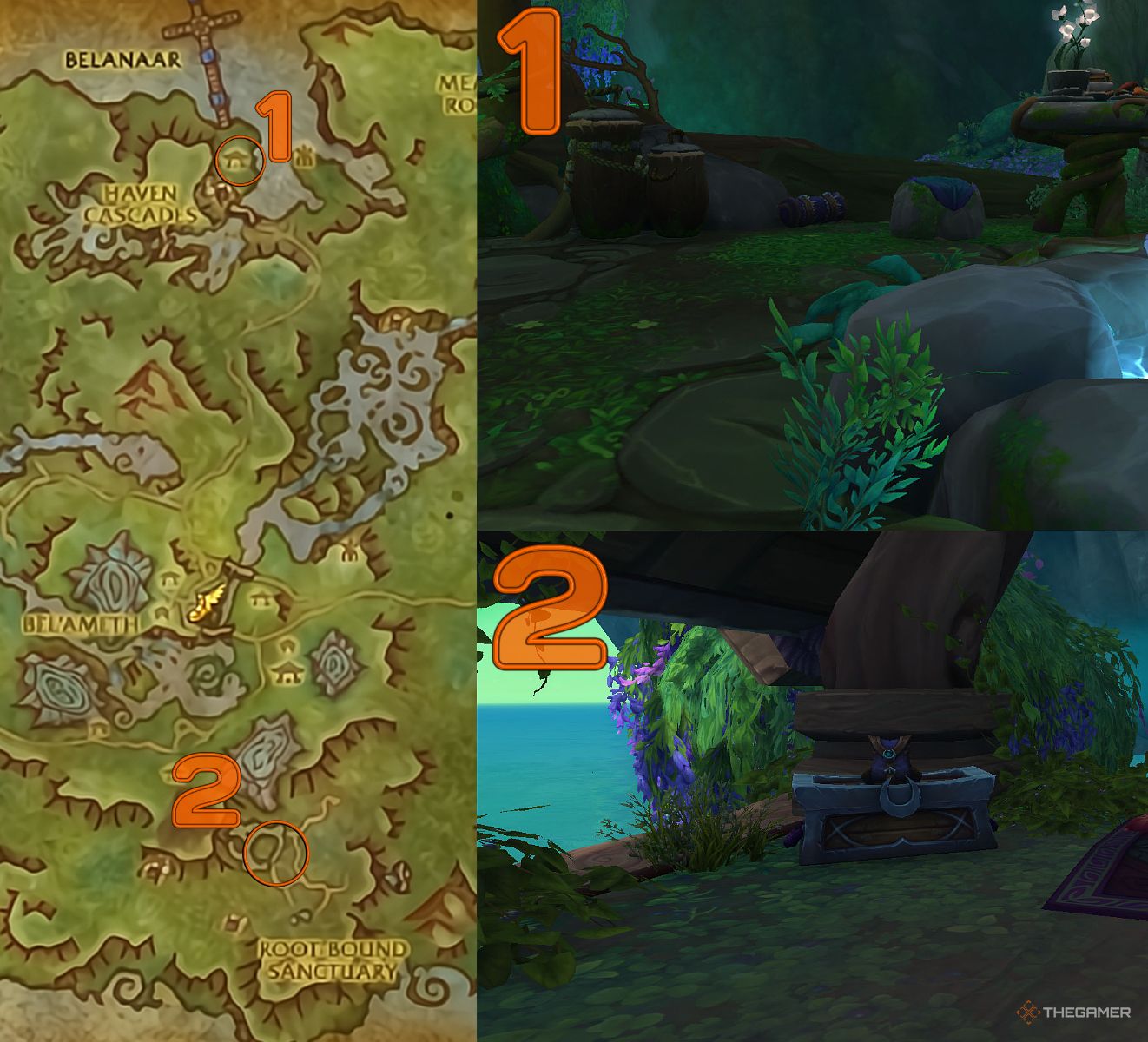 The two Kaldorei back appearences on the map (left) and in person (right) in World of Warcraft.