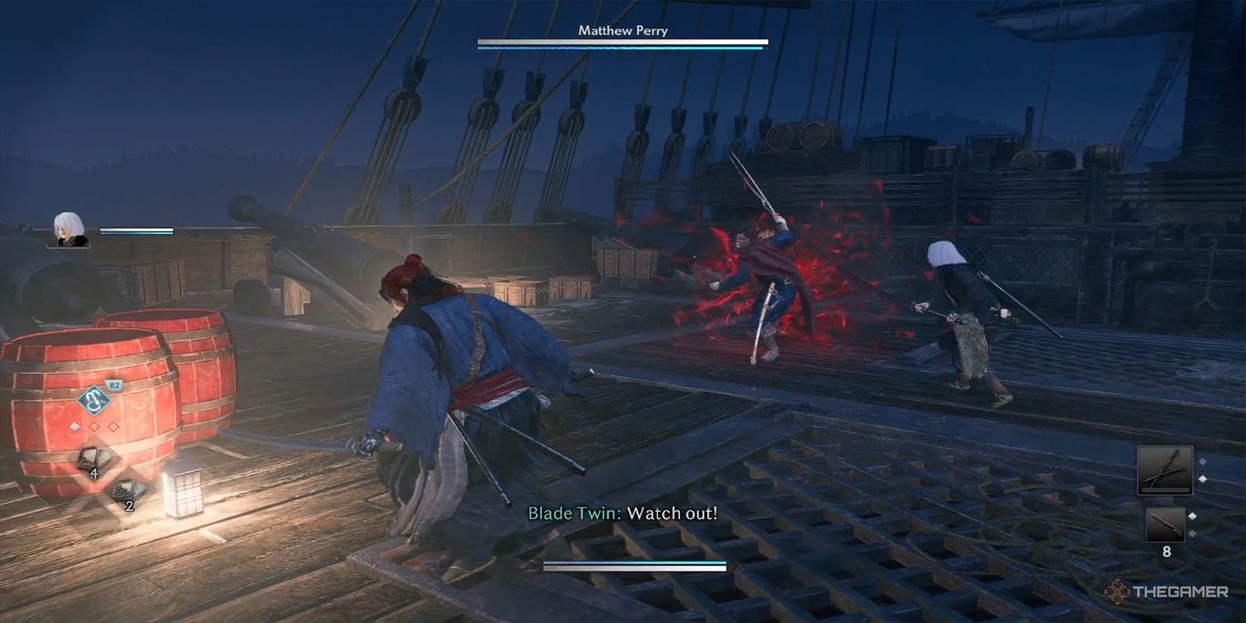 Matthew Perry glows red and lunges toward the protagonist during an intense battle aboard the Black Ship in Rise Of The Ronin.