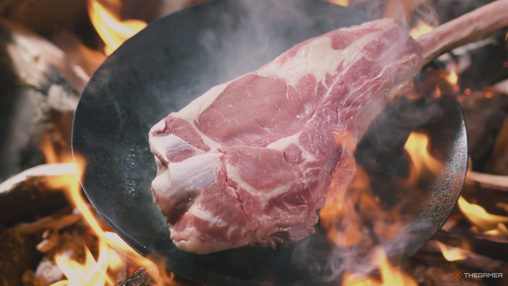 Meat cooking over a fire in Dragon's Dogma 2.
