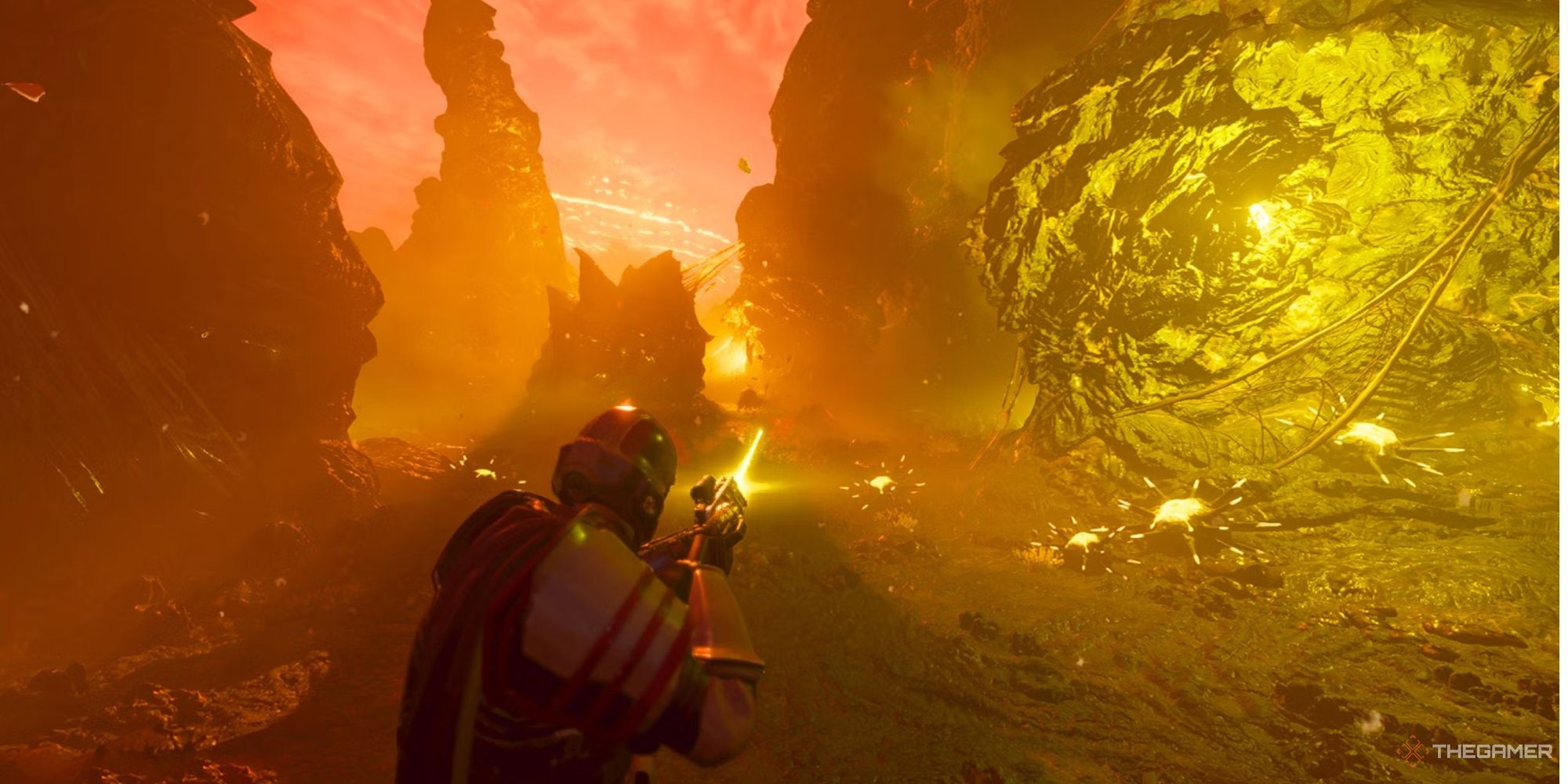 a player shooting LAS-16 on bugs in Helldivers 2