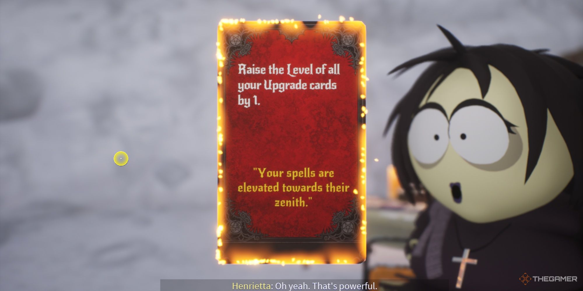 Close-up of Henrietta presenting the player with the details of the Non-Conformist Upgrade Card.