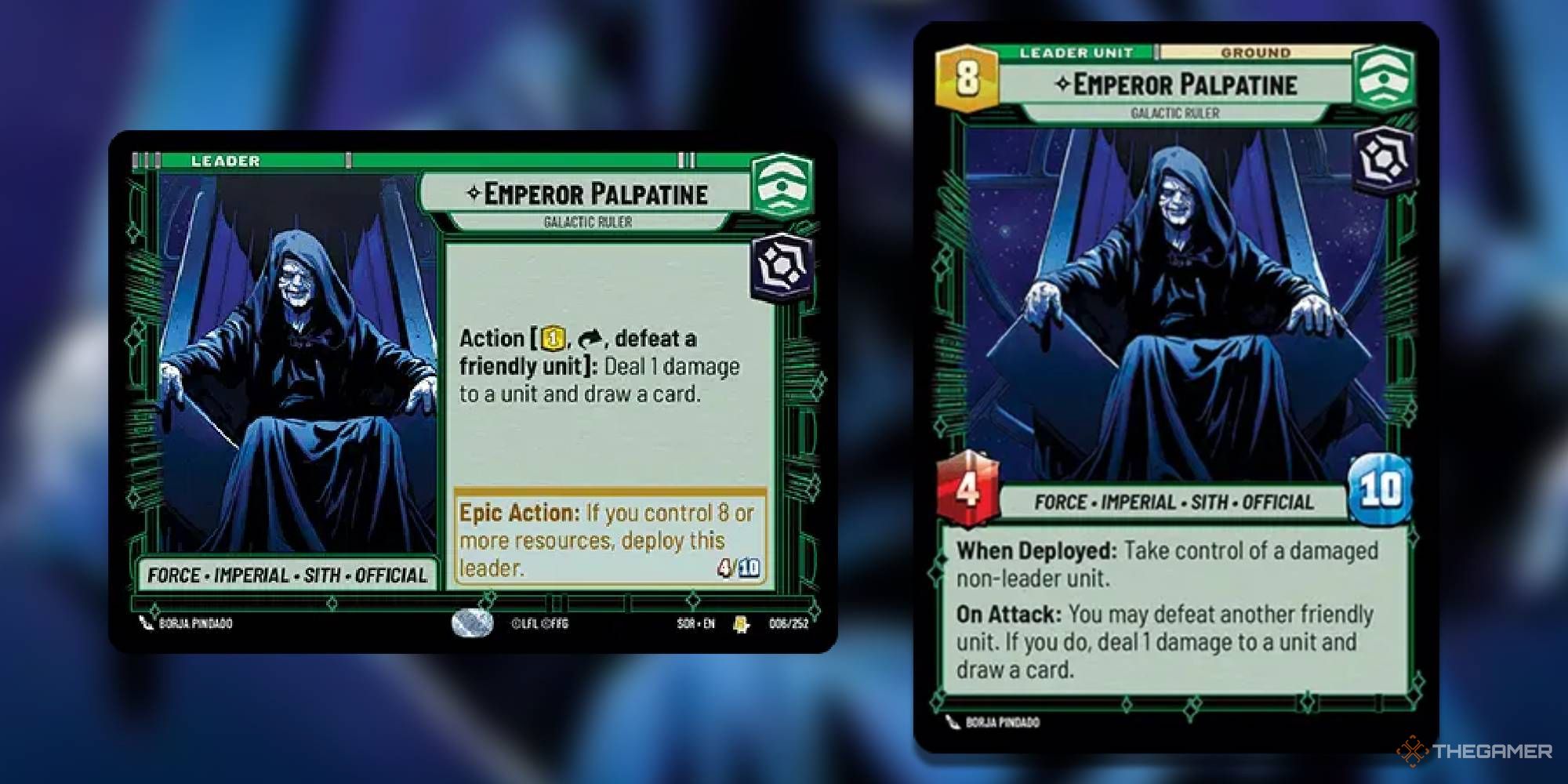 Emperpr Palpatine (Leader) card, both sides.