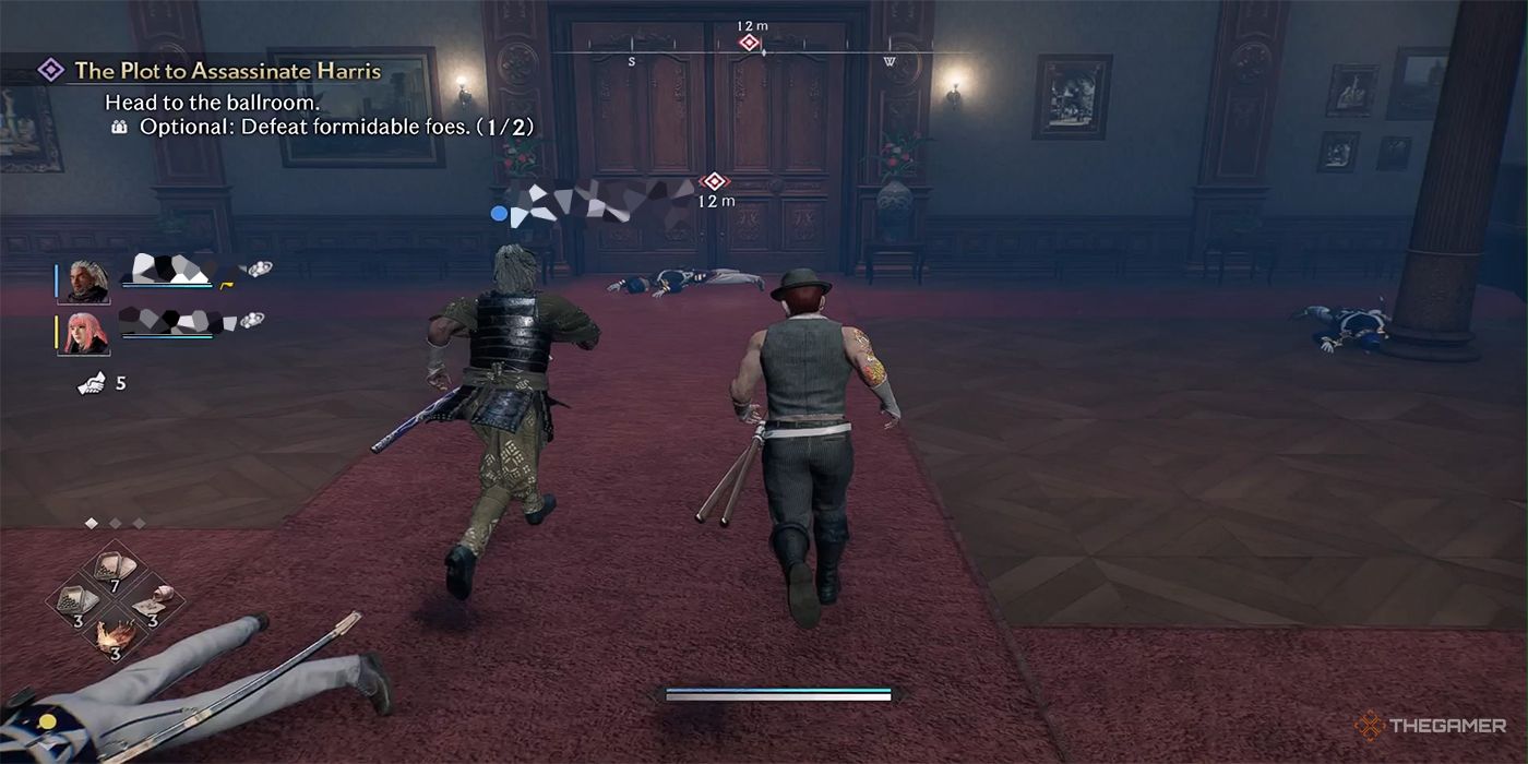 Two online allies approach the US Consulate Ballroom together during a cooperative mission in Rise Of The Ronin.