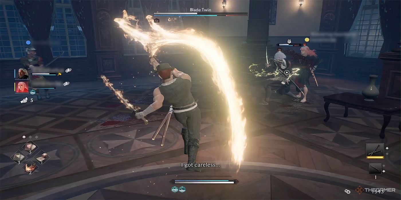 Three ronin close in on the Blade Twin inside the US Consulate Ballroom during an online cooperative mission in Rise Of The Ronin.