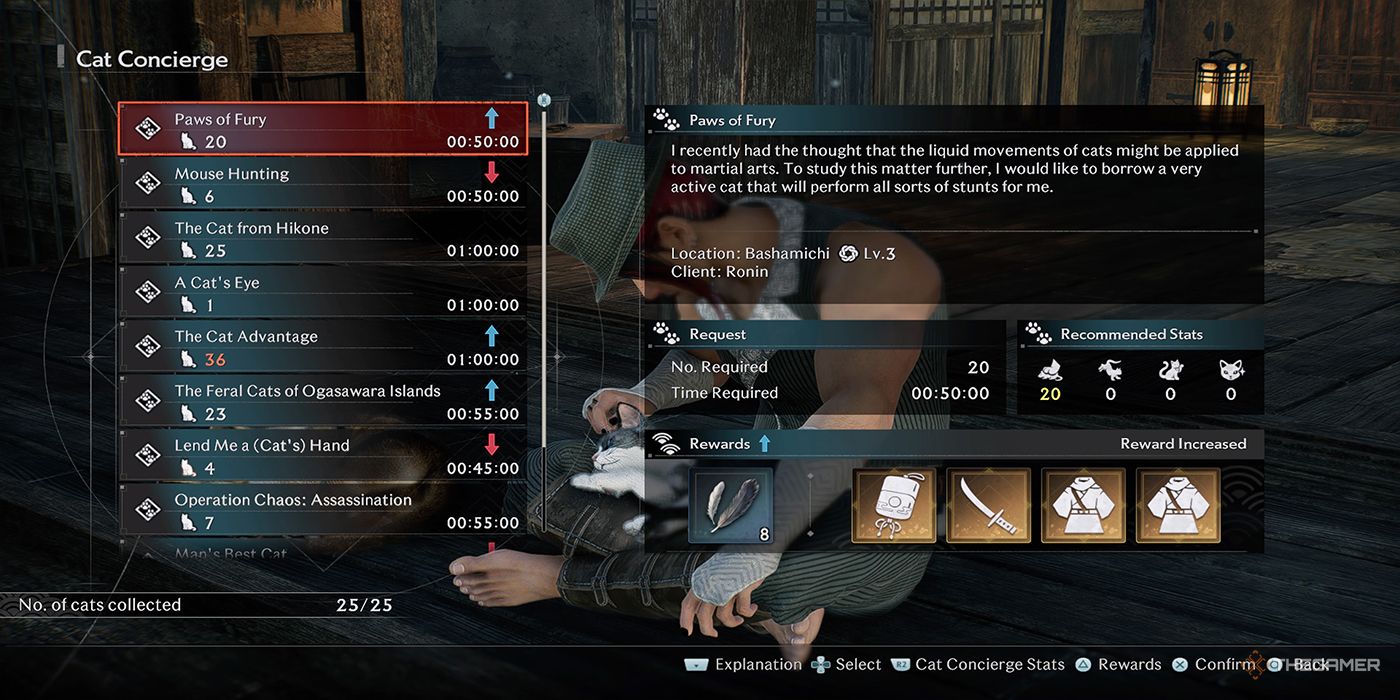 A Cat Concierge mission brief displays the description, location, client, request details, recommended stats, and completion rewards in Rise Of The Ronin.