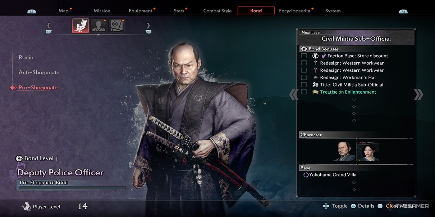 The Pro-Shogunate Bond Page displays your current Faction Bond level, characters associated with the Pro-Shogunate Faction, and bonuses rewarded at the subsequent Faction Bond level in Rise Of The Ronin.