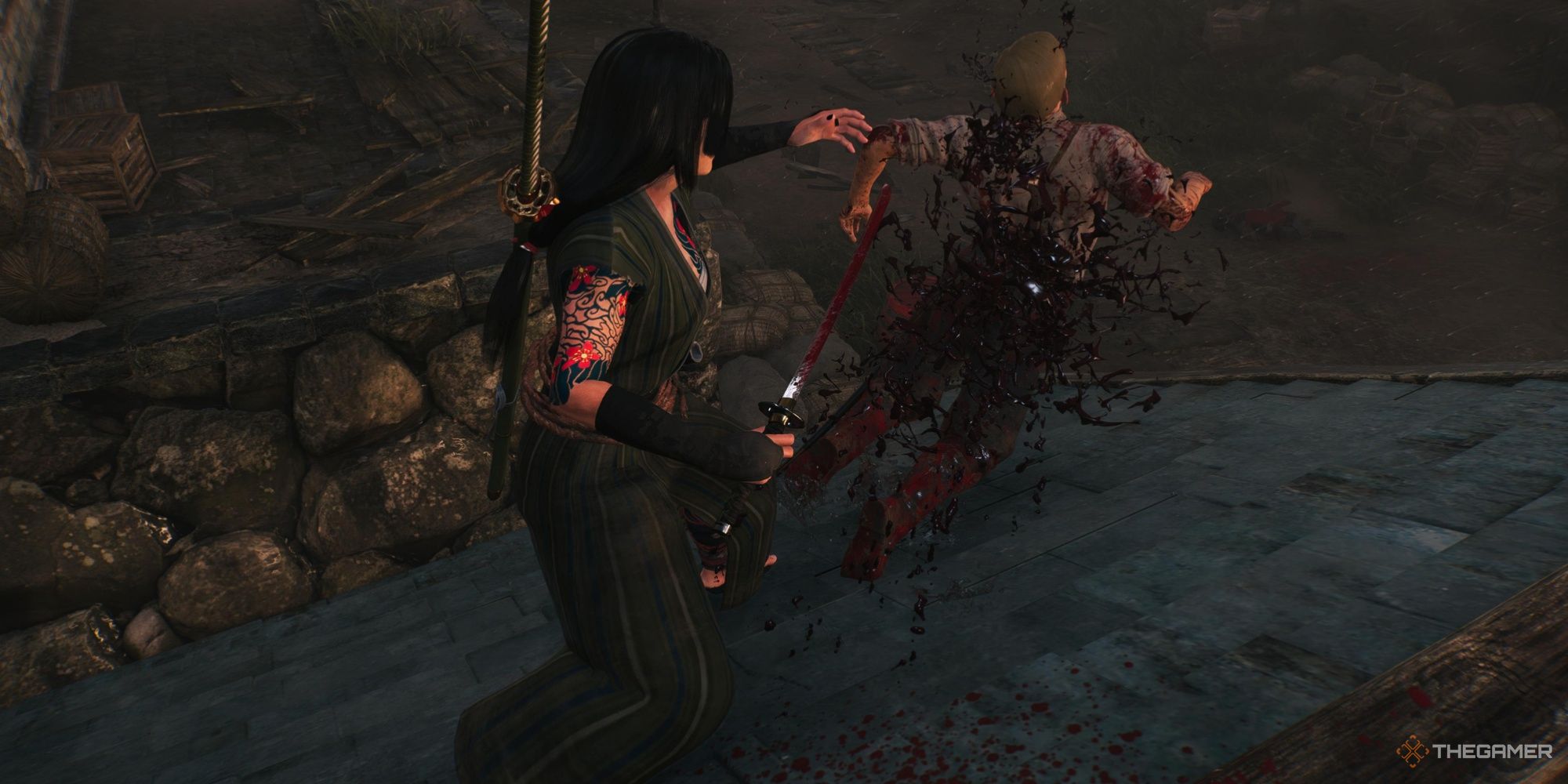 Custom Ronin performing a stealth kill in Rise of the Ronin