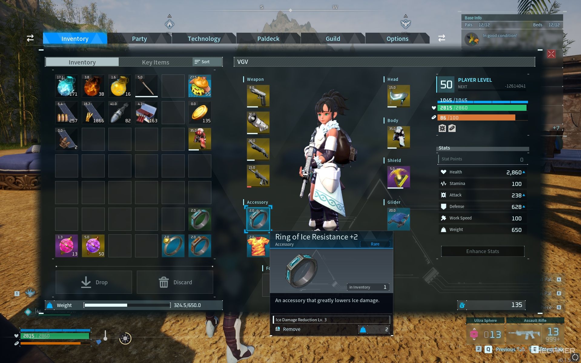 Ring of Ice resistance +2 showcase in a player's inventory in Palworld