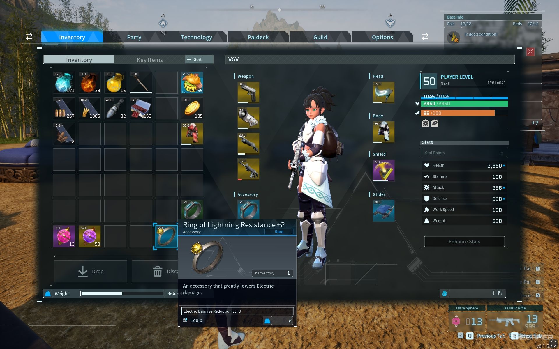 Ring of Lightning Resistance +2 showcased in inventory in Palworld