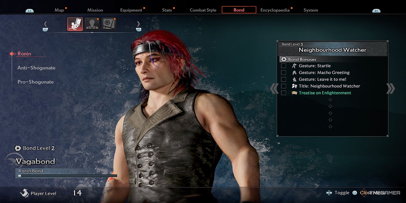The Ronin Bonds page displays the protagonist's current Ronin Bond level and the bonuses awarded at the subsequent Ronin Bond level in Rise Of The Ronin.