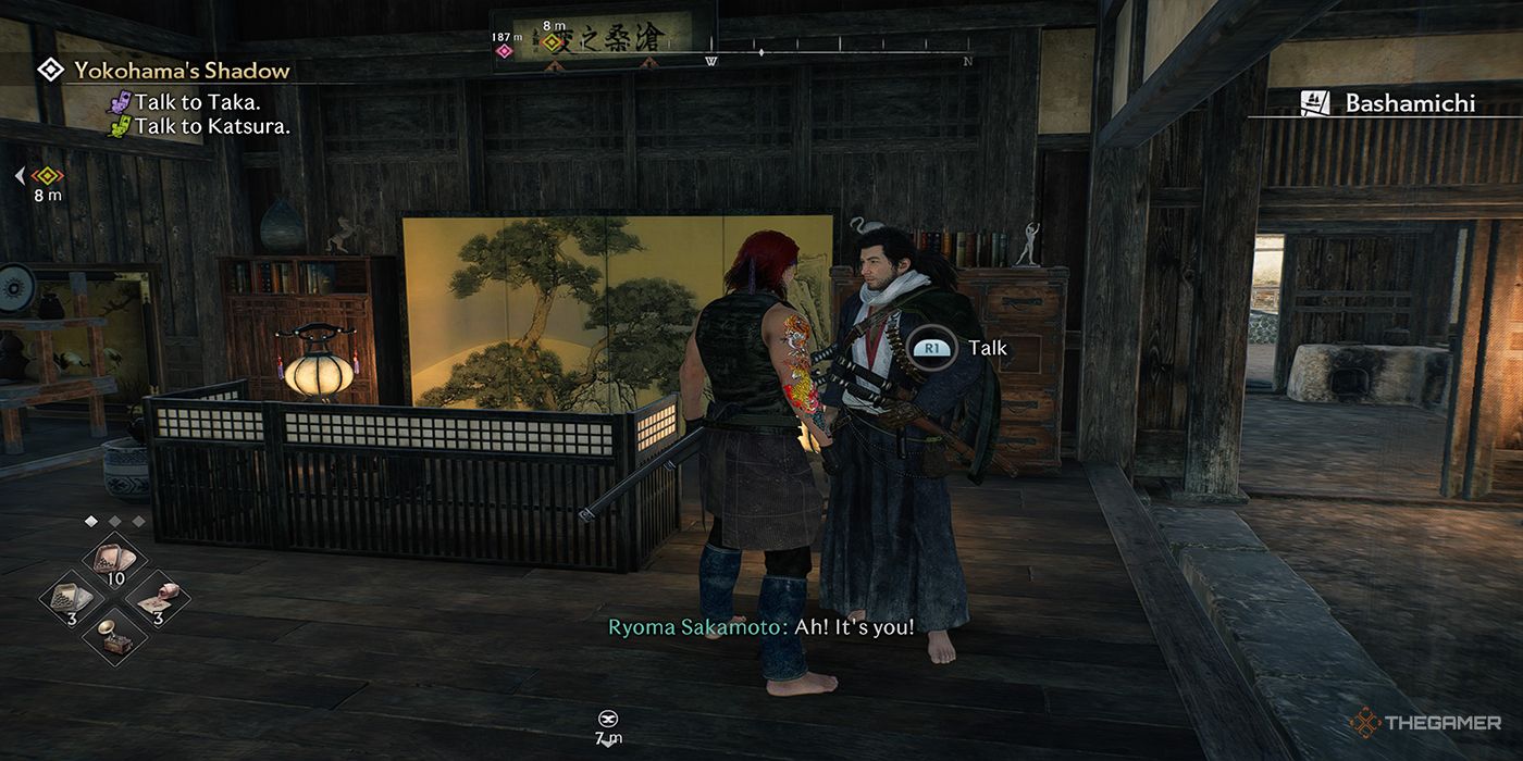 The protagonist approaches Ryoma Sakamoto at the lobby of the Sakura Inn in Rise Of The Ronin.