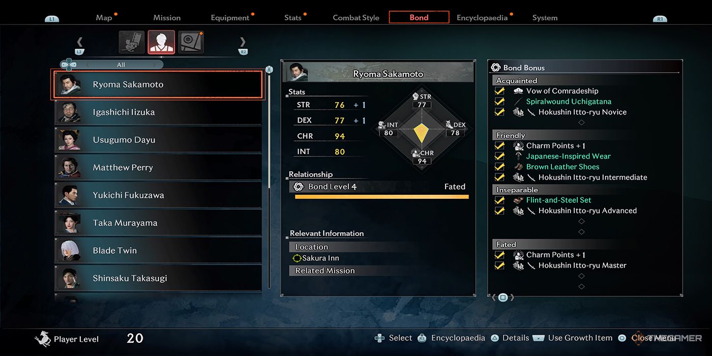 Ryoma Sakamoto's Bond page displays his stats, Bond Level, location, and Bond Bonuses in Rise Of The Ronin.