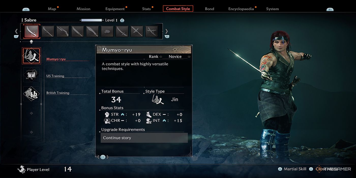 The protagonist wields a Sabre in Rise Of The Ronin's Combat Style menu.