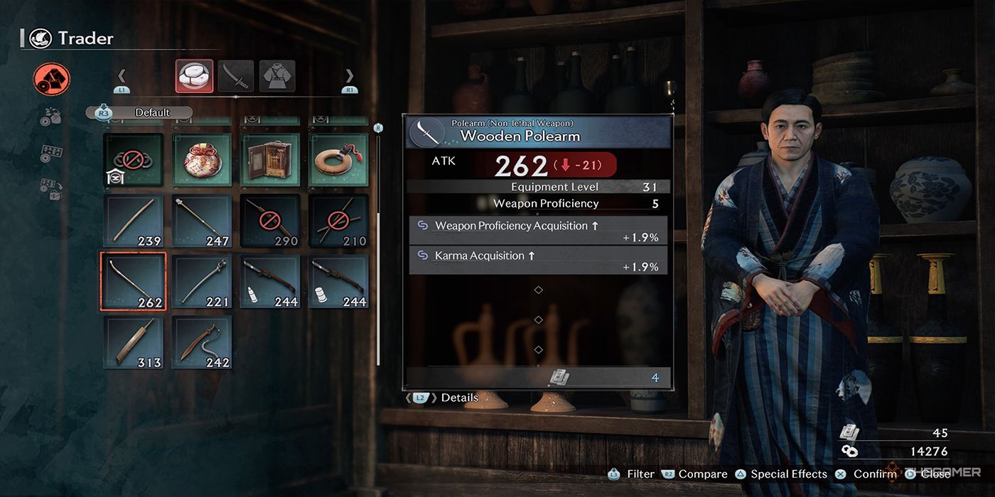 A view of the training weapons available to purchase from the Sakura Inn Trader in Rise Of The Ronin.