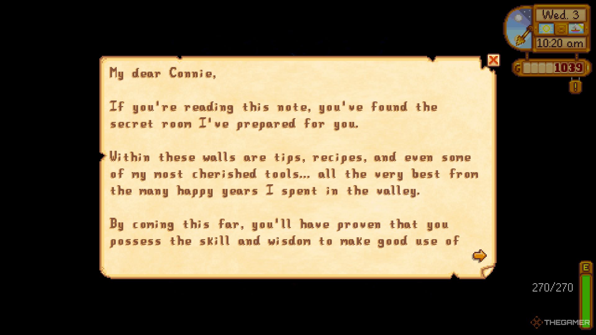 Screenshot of the letter from Grandpa found inside the secret room in Stardew Valley.