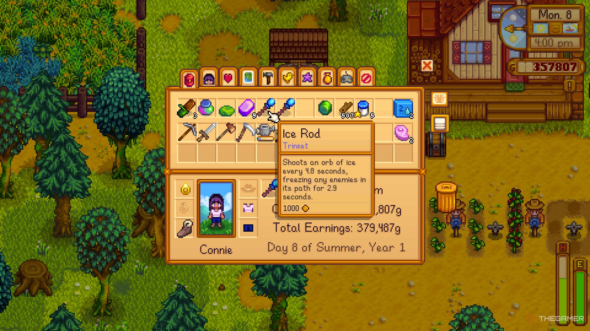 Screenshot of inventory with a trinket showing the stats in Stardew Valley