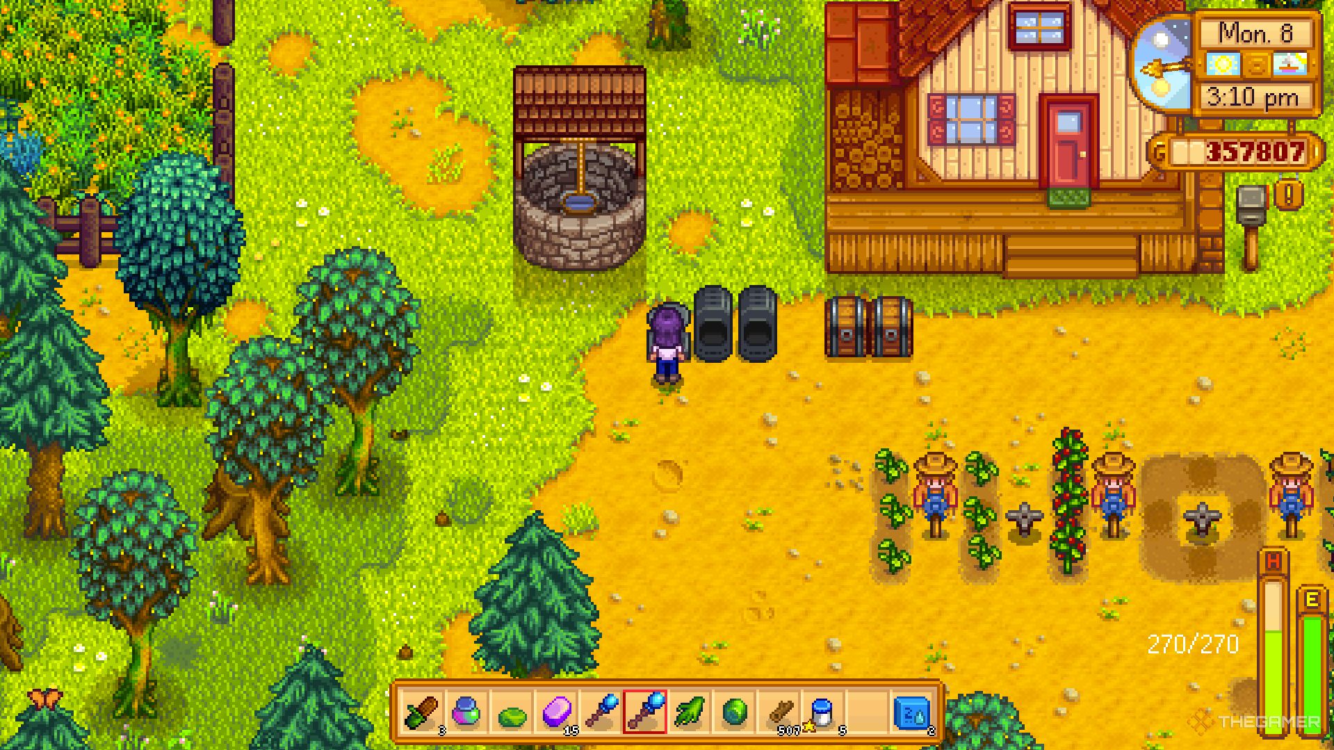 Standing in front of the Anvil with trinket in hand in Stardew Valley