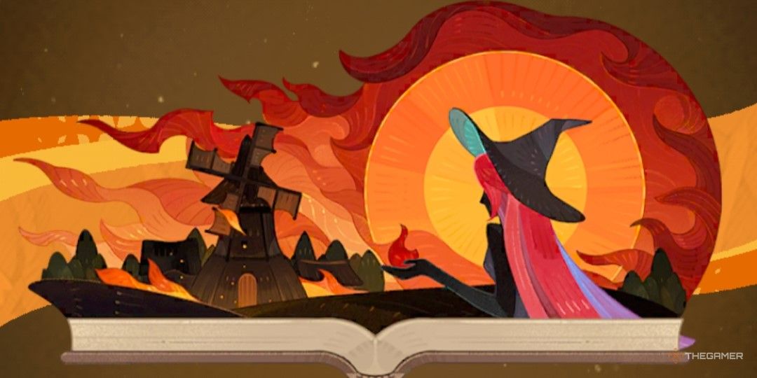 A stylized depiction of Mirael setting a village on fire.