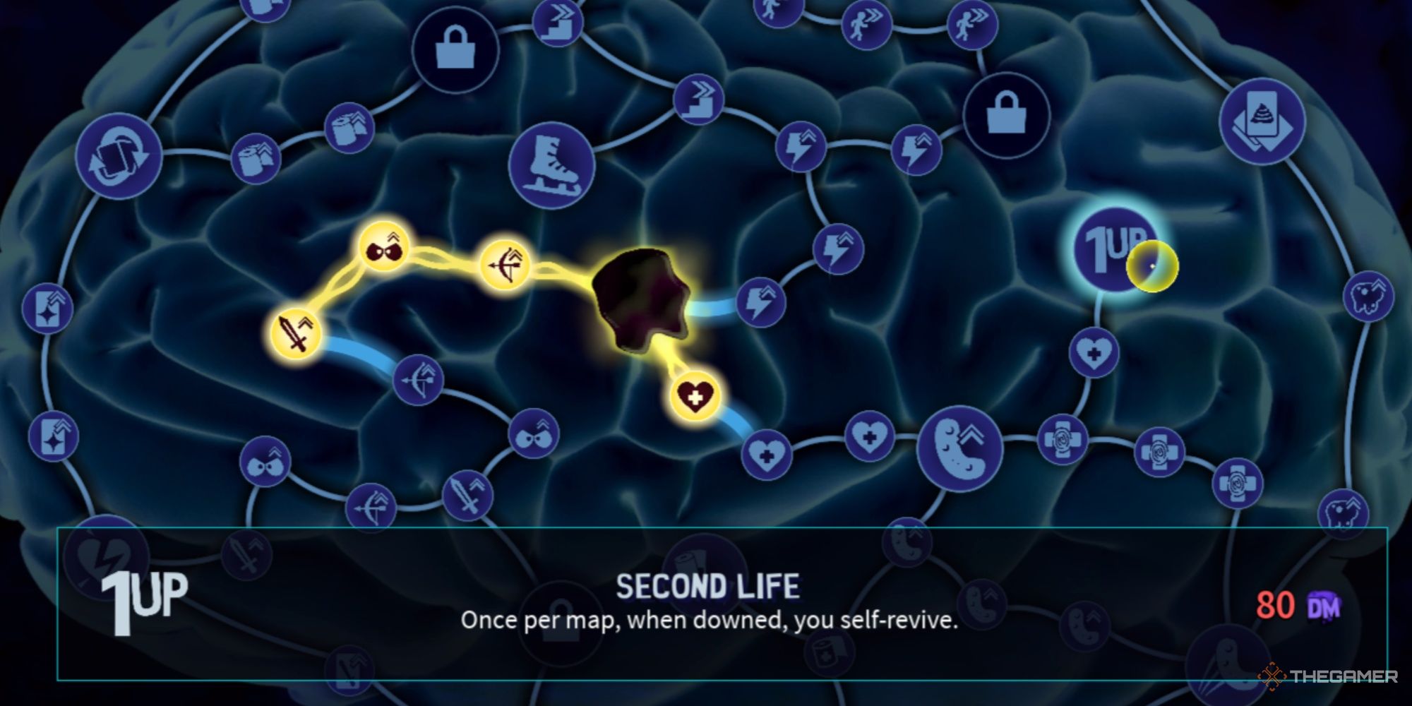 Close-up of the Brain nodes for Dark Matter perks, with the Second Life Perk selected.