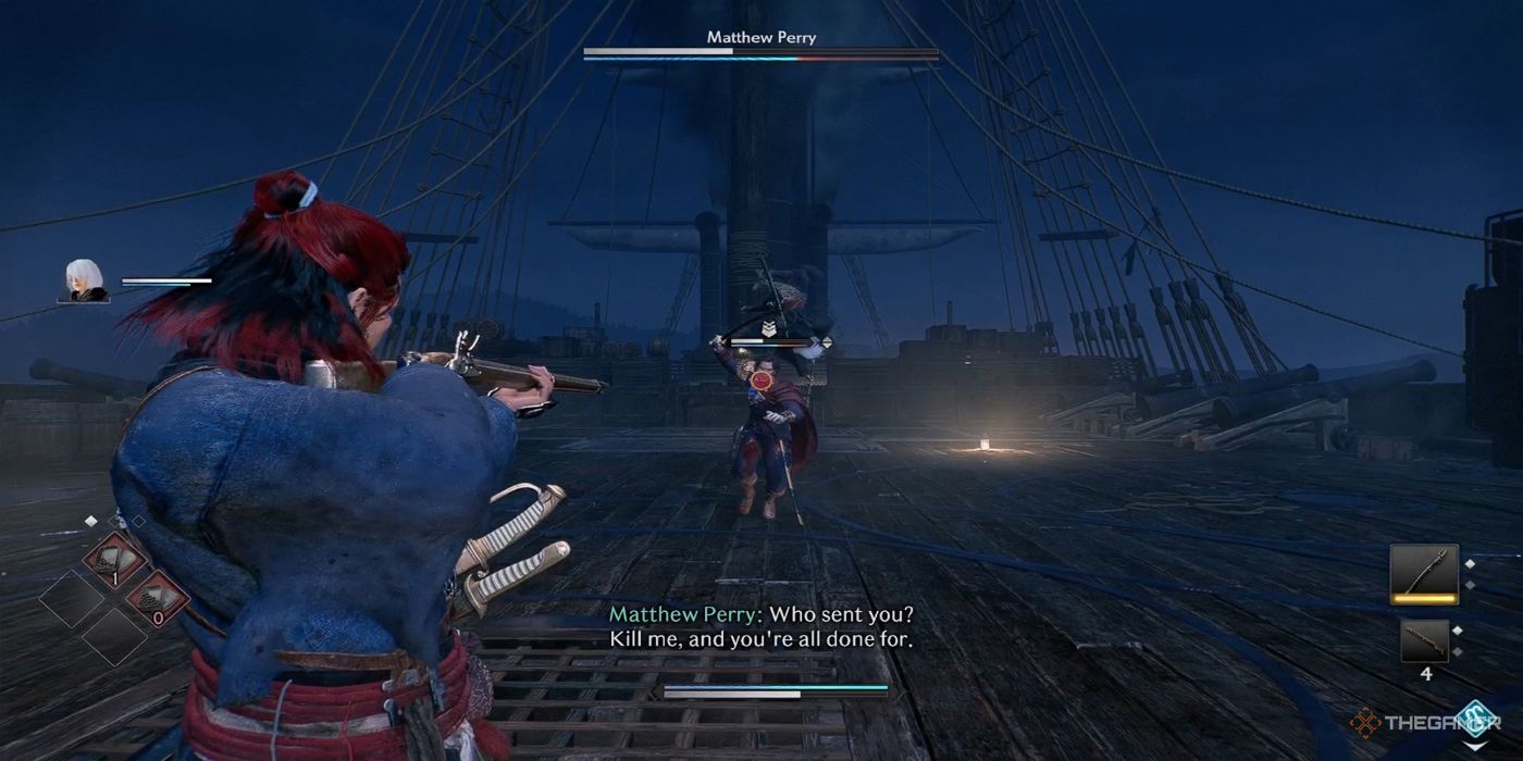 The protagonist aims his rifle at an approaching Matthew Perry during a battle aboard the Black Ship in Rise Of The Ronin.