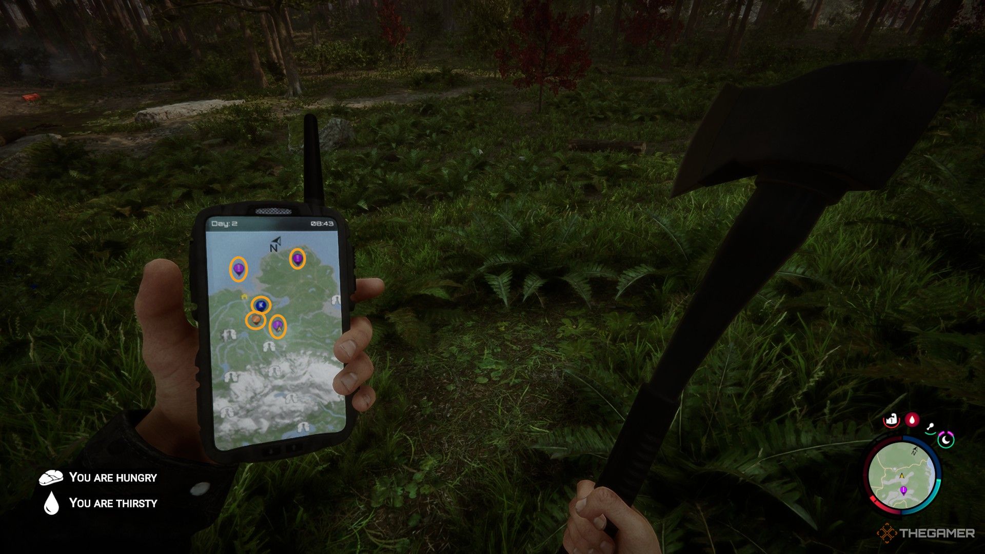 A screenshot from Sons of the Forest showing the player character looking at the handheld GPS with orange circles around different GPS locators that have symbols like exclamation points, a hammer, and a K.