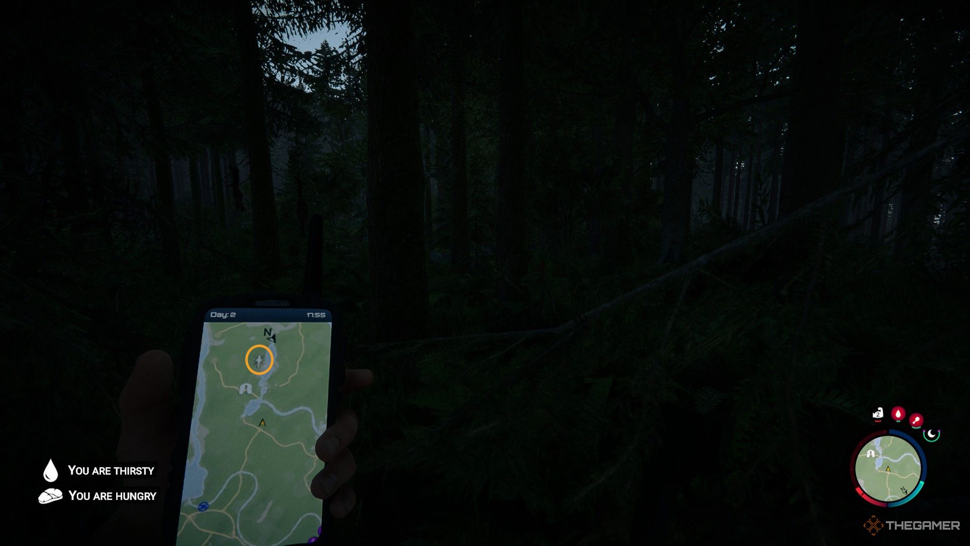 A screenshot from Sons of the Forest showing the player character looking at their handheld GPS where there is an orange circle around the helicopter icon.