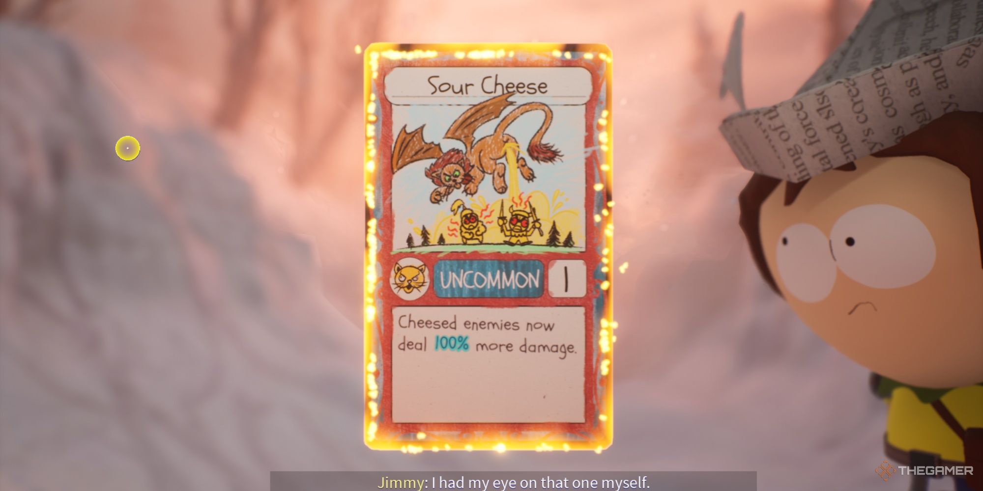 Close-up of Jimmy presenting players with the Sour Cheese Upgrade Card.