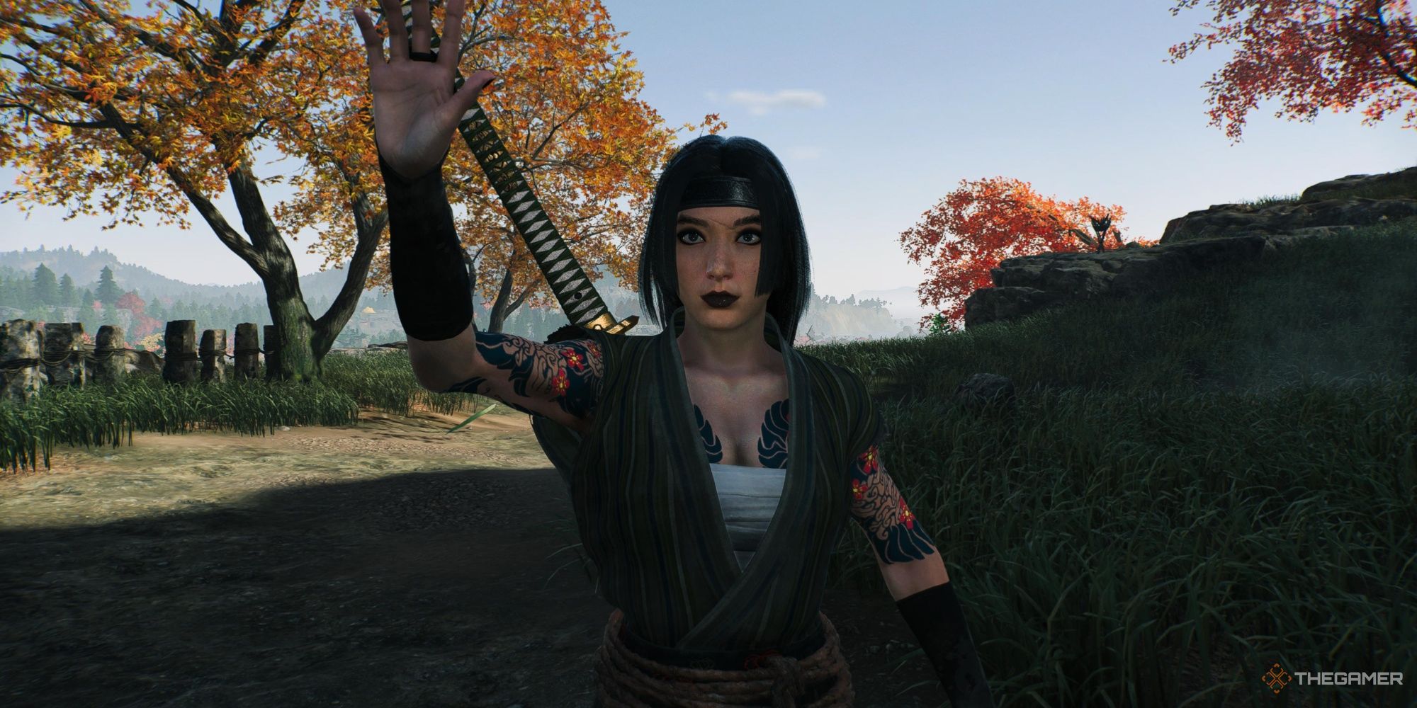 A custom Ronin waving toward the camera Rise of the Ronin