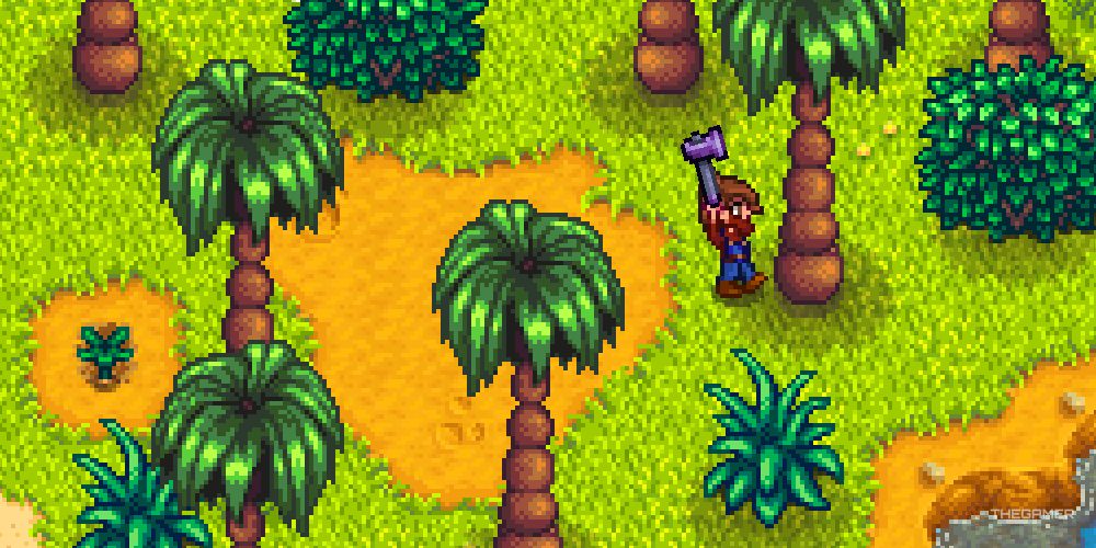 The player cutting down a palm tree on Ginger Island.