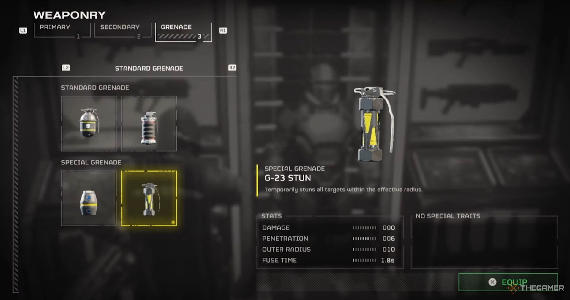 Stun grenade showcase in the Armory of Helldivers 2