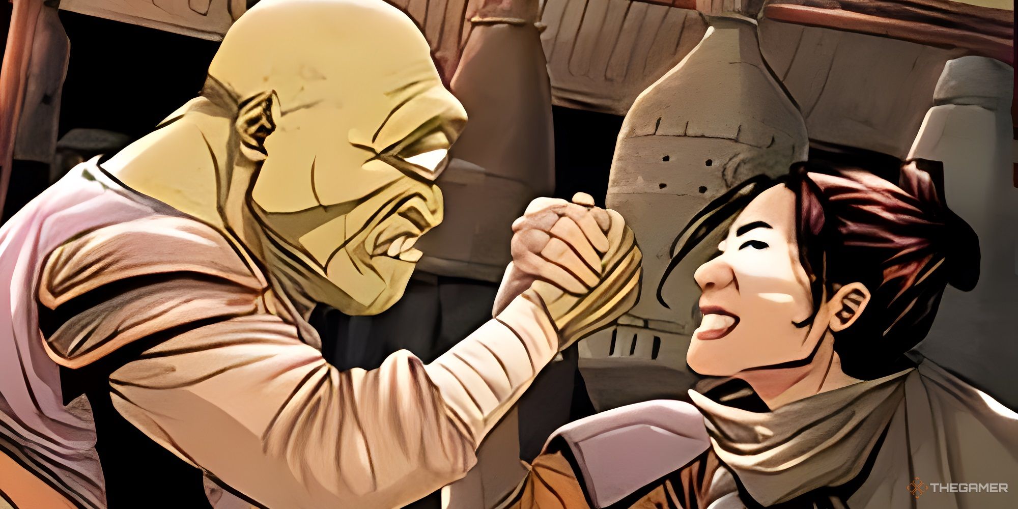 A human arm-wrestling a one-eyed alien