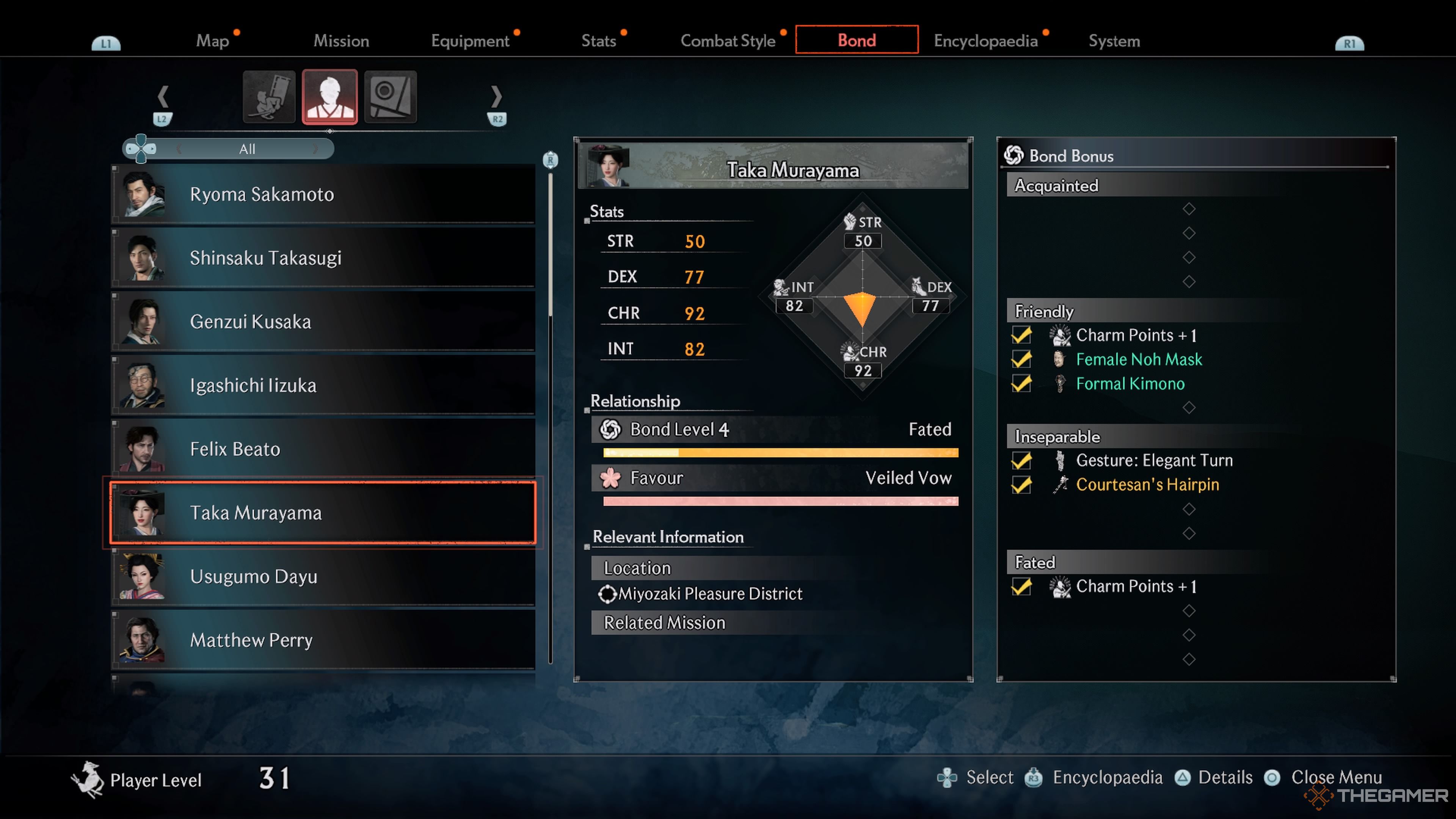 A breakdown of Taka Murayama's stats, relationship levels, location, and bond bonuses in Rise Of The Ronin.