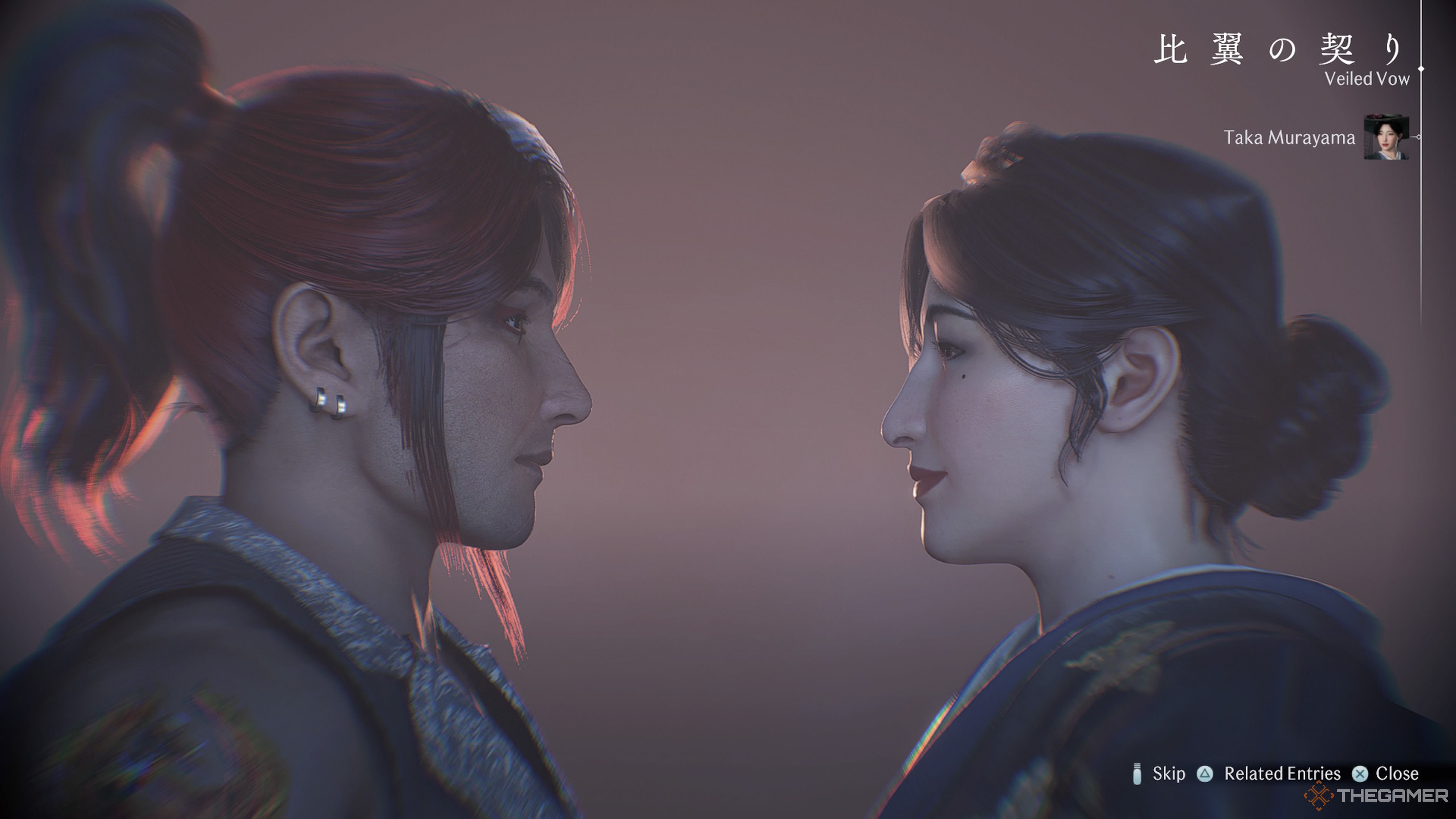 The protagonist and Taka Murayama gaze into each other's eyes after committing to a Veiled Vow.