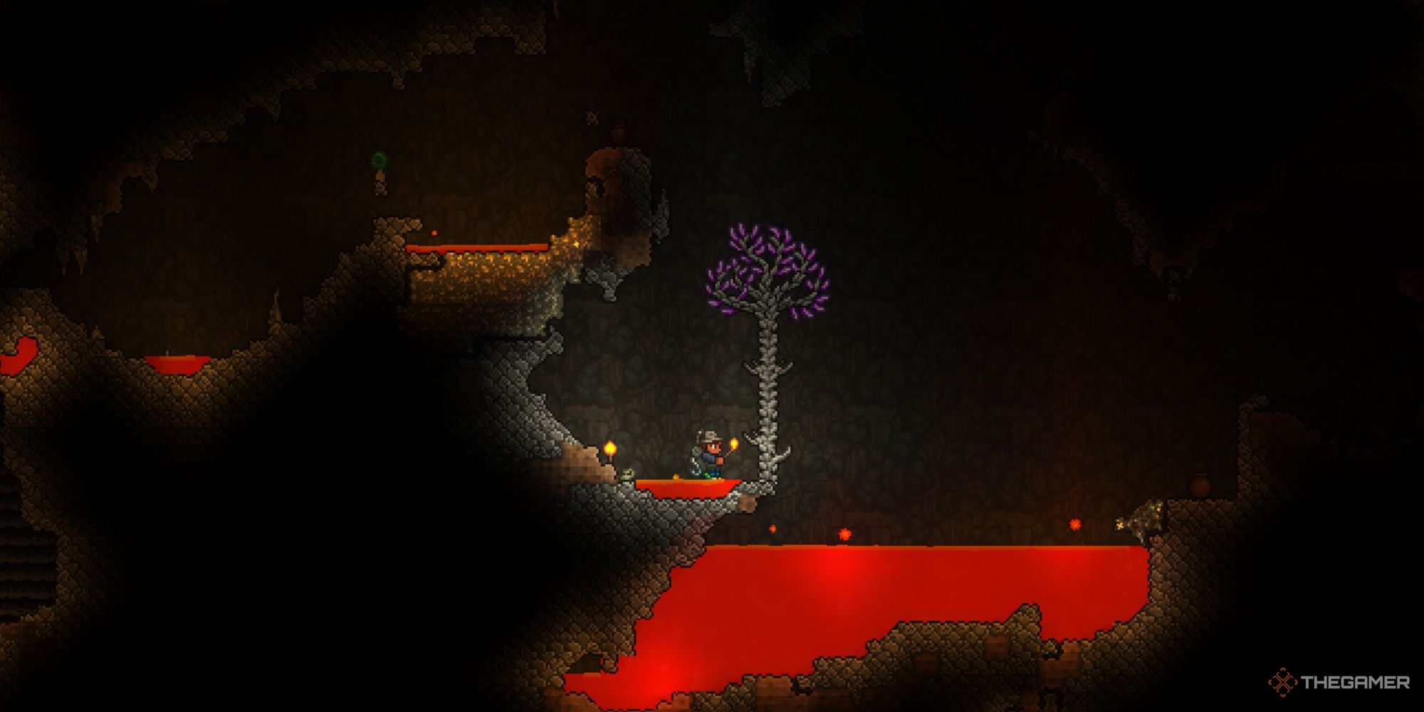 An amethyst gem tree growing just above a small lake of bright lava.