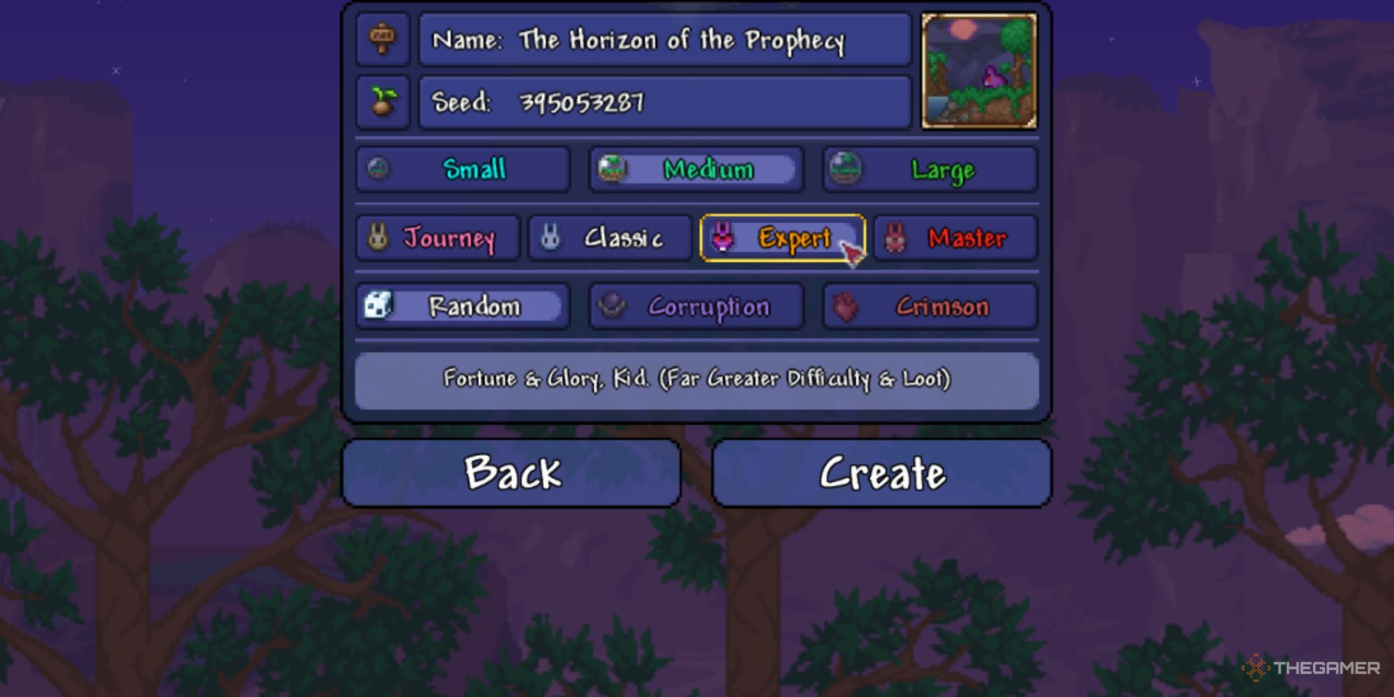 A world creation screen with the Expert mode selected in orange text.