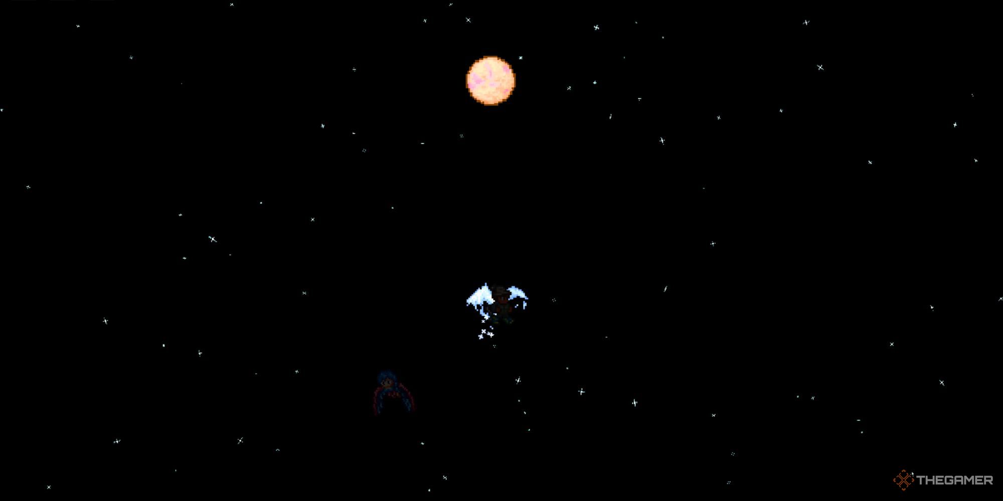 A player with bright white-blue wings flying under a full moon at night.