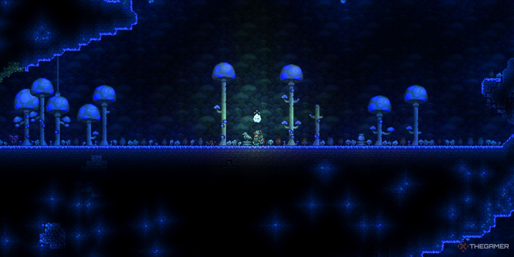 A largely blue and dark purple, underground mushroom biome.