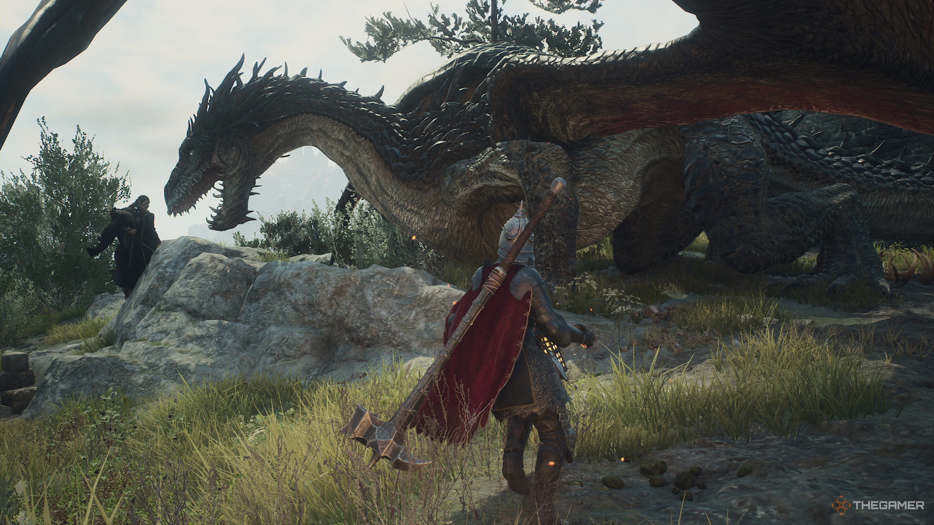 The Arisen beside a dragon in Dragon's Dogma 2.