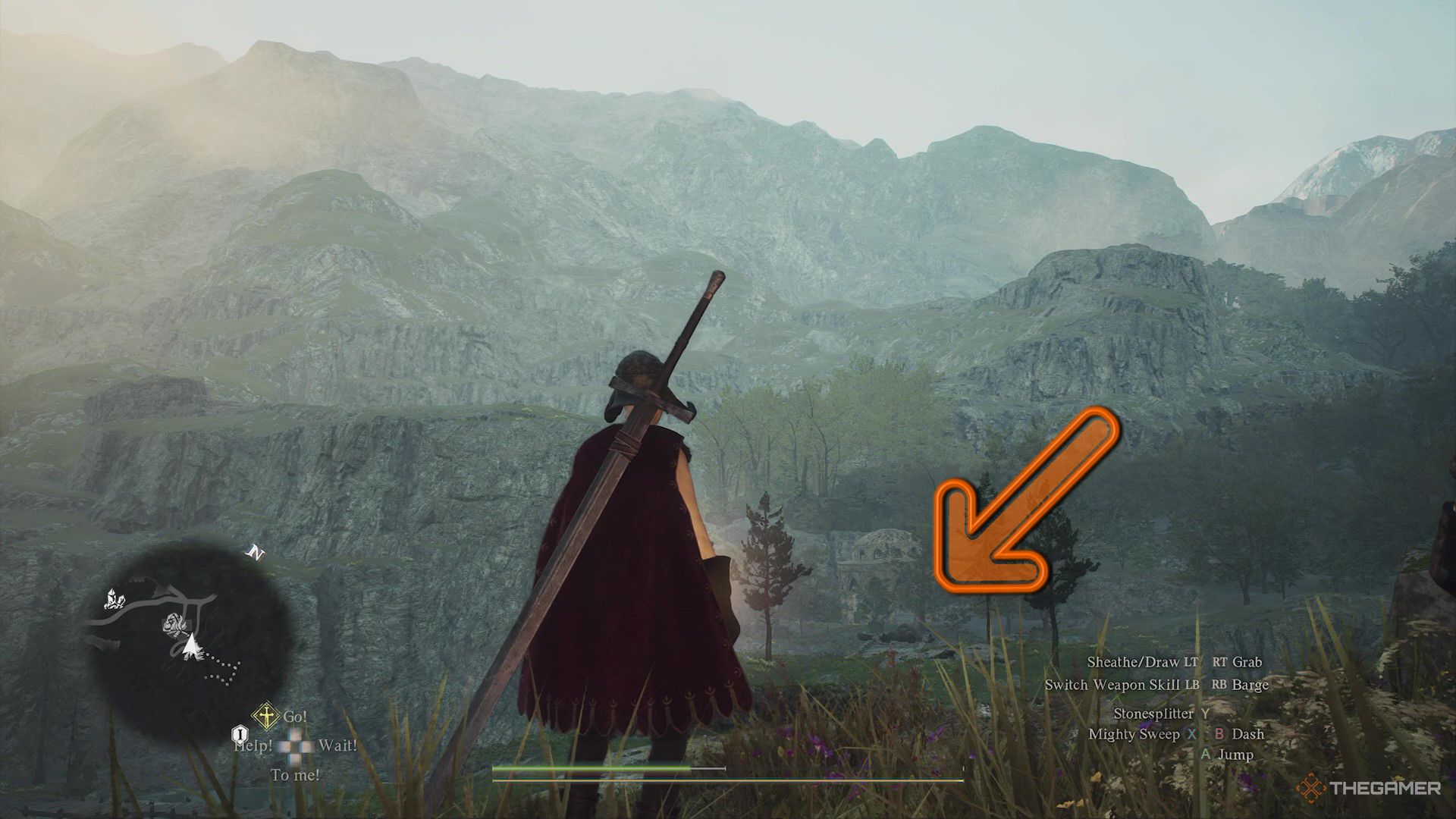 The arisen looking at a cyclops in the distance with an arrow pointing to it in Dragon's Dogma 2. 