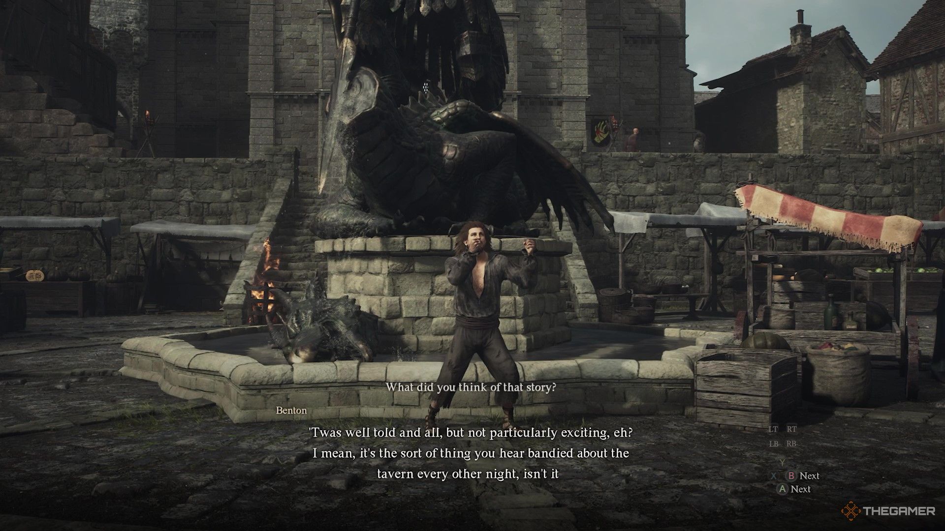 The beggar telling stories beside the statue fountain in Dragon Dogma's 2.