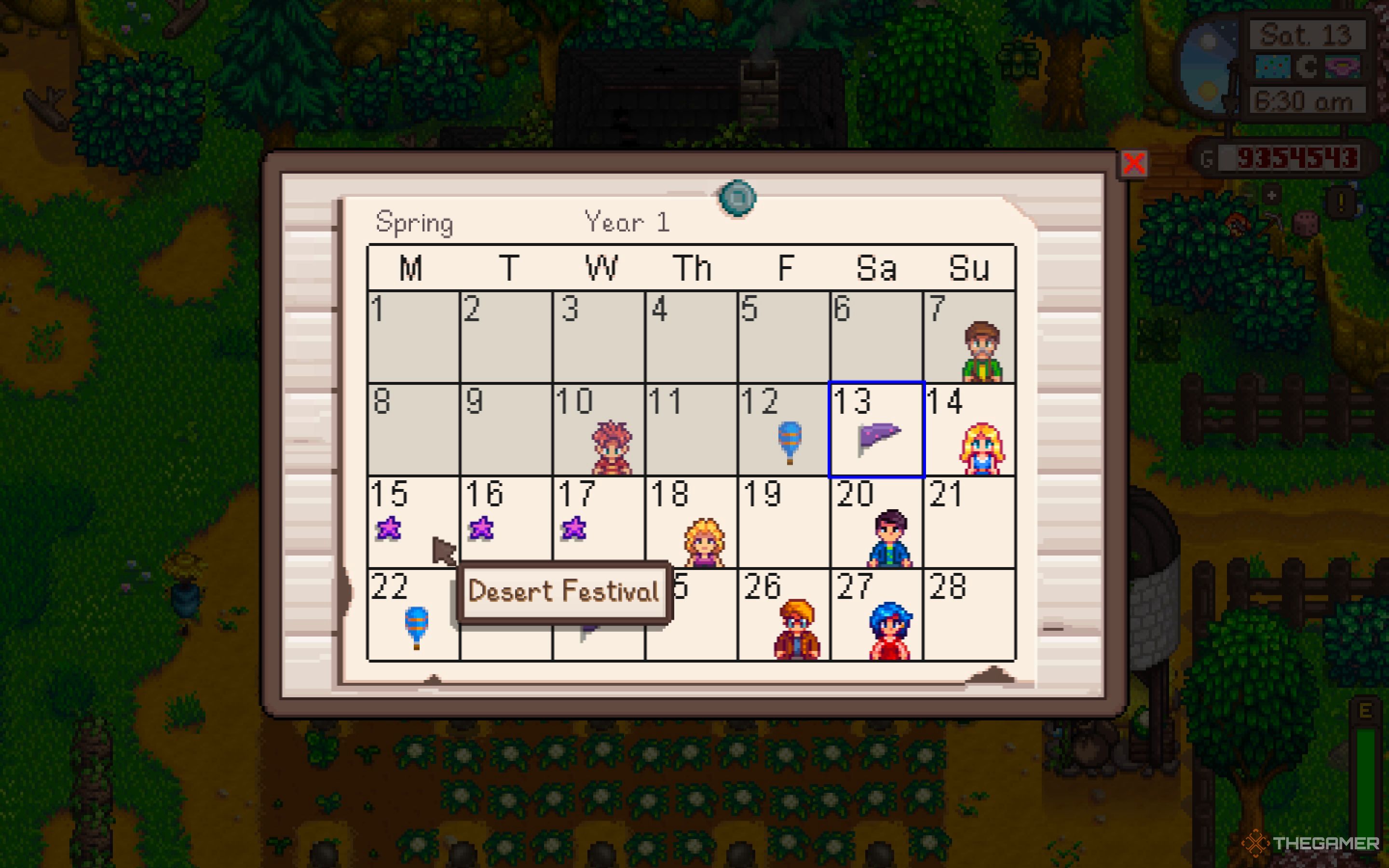 The Calendar showing Stardew Valley events and birthdays with the Desert Festival start date highlighted