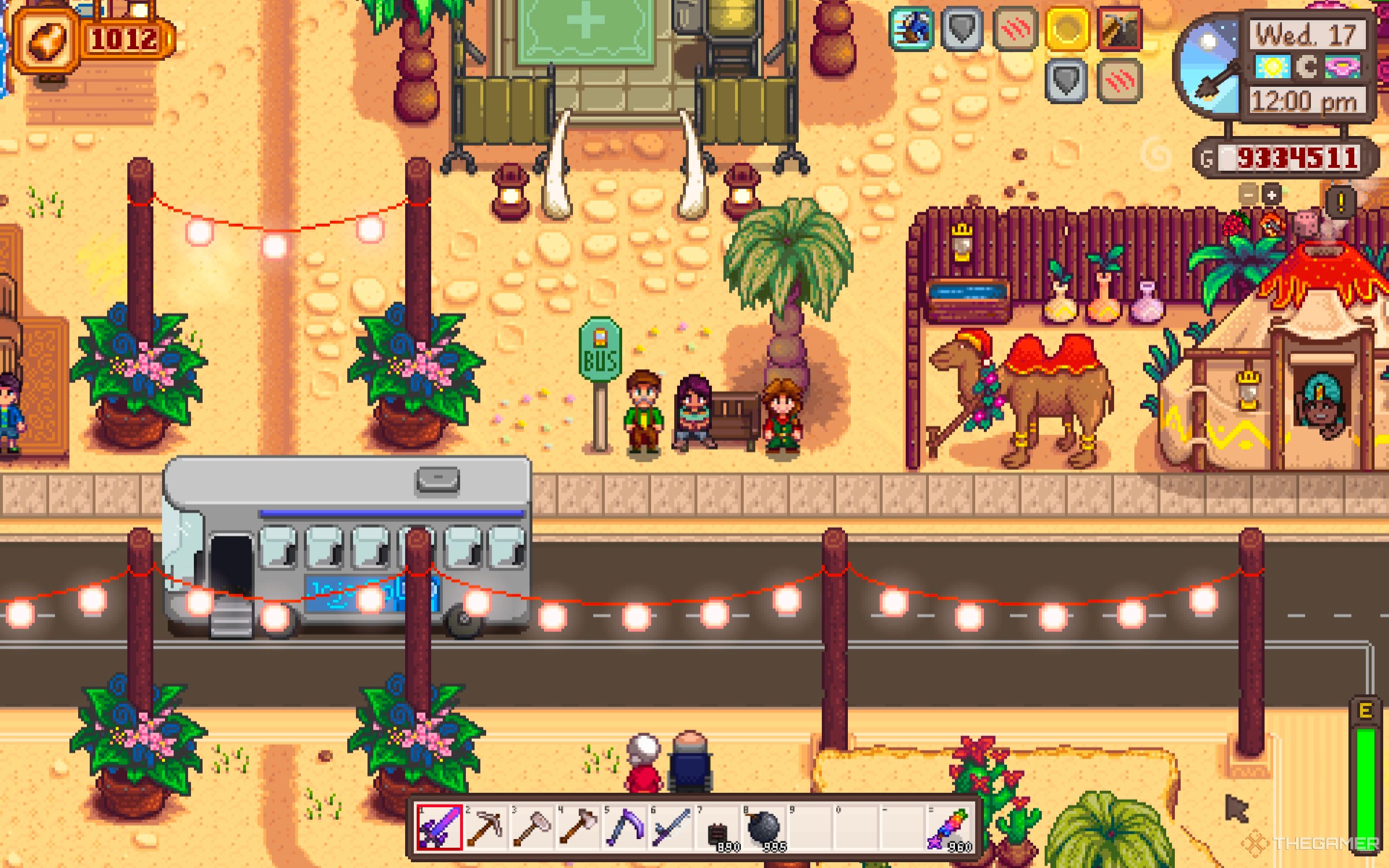 The Farmer sitting on the bus stop bench between Lewis and Marnie