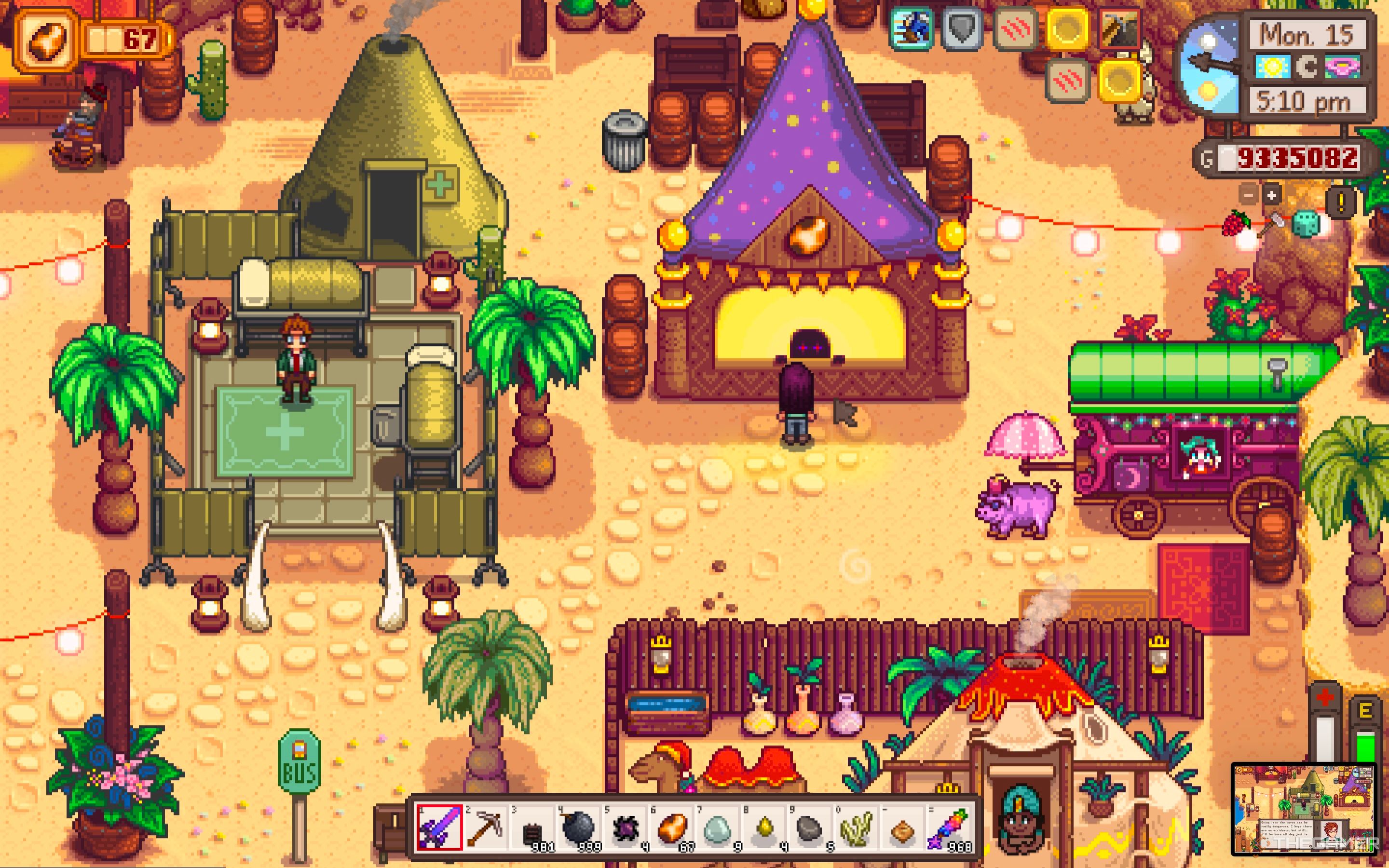 The farmer standing in front of the calico egg trader