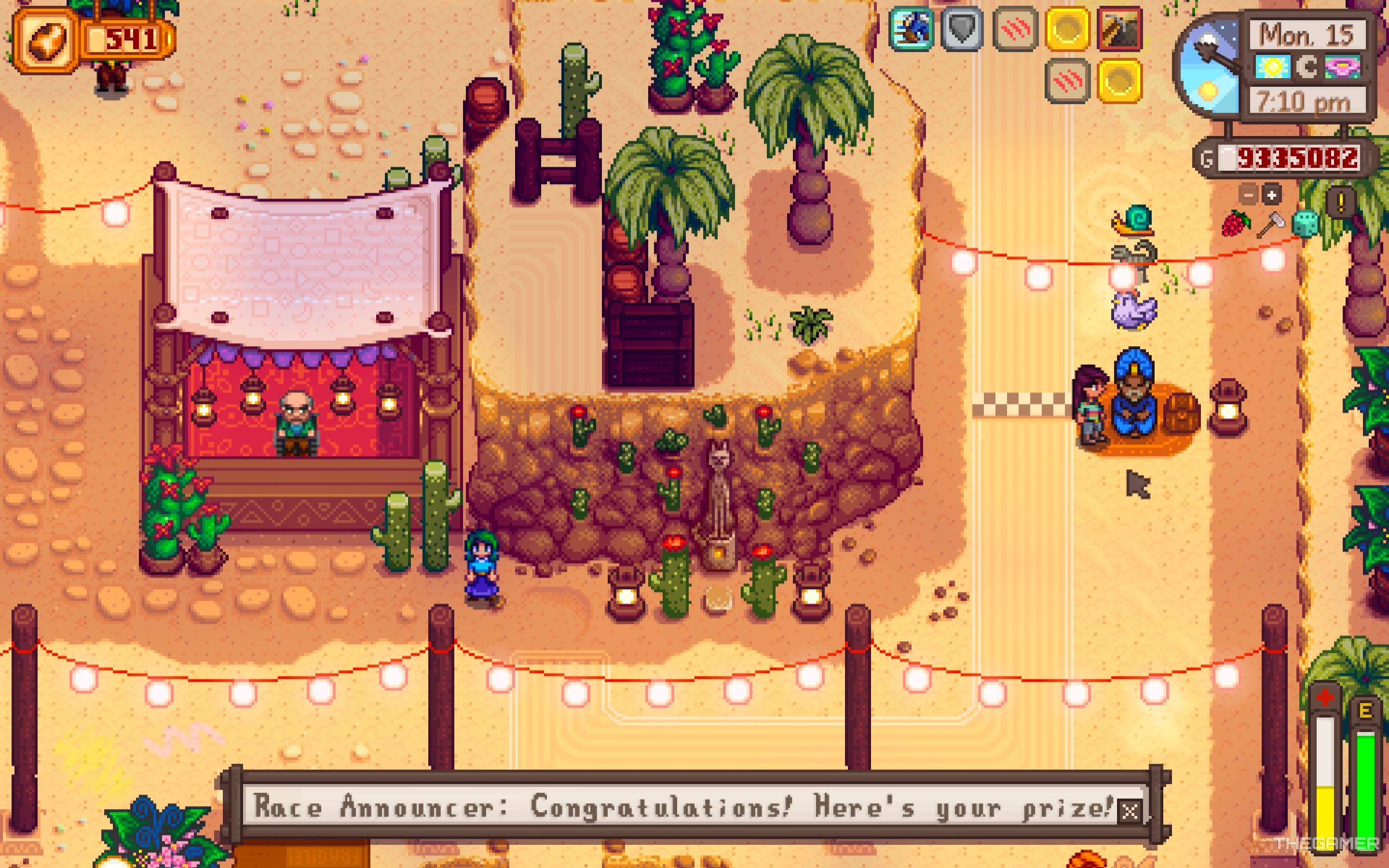The farmer standing next to the rance announcer